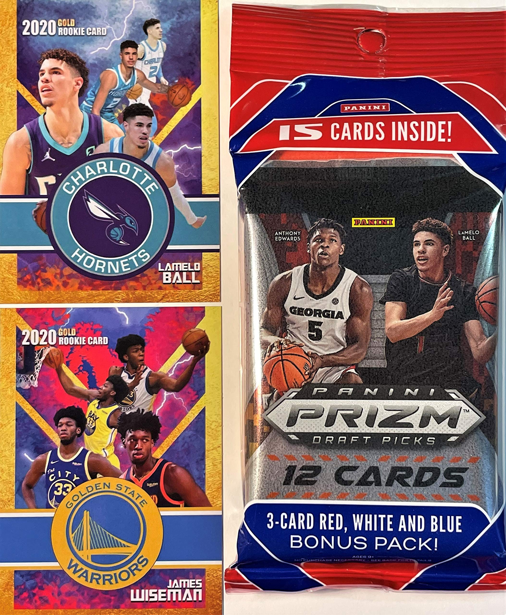 2020-21 Panini PRIZM Draft Picks Basketball JUMBO FAT CELLO Pack with 15 Cards including (3) EXCLUSIVE Red, White & Blue PARALLELS! Look for RC & Autos of LaMelo Ball, Anthony Edwards & More! AND a Custom Novelty Rookie Card of LaMELO BALL and ANTHONY EDWARDS.