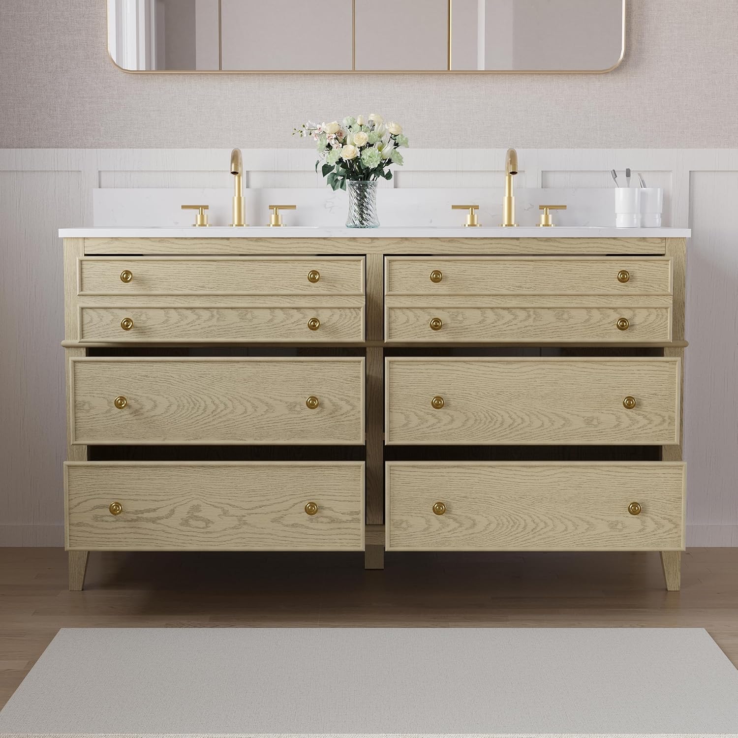 WELLFOR 60" Bathroom Vanity with Double Sinks, Freestanding Wooden Bathroom Vanity with 6 Soft-Close Dovetail Drawers, Metal Alloy Hardware, Solid Wood Bathroom Vanity with Carrera Marble Vanity Top