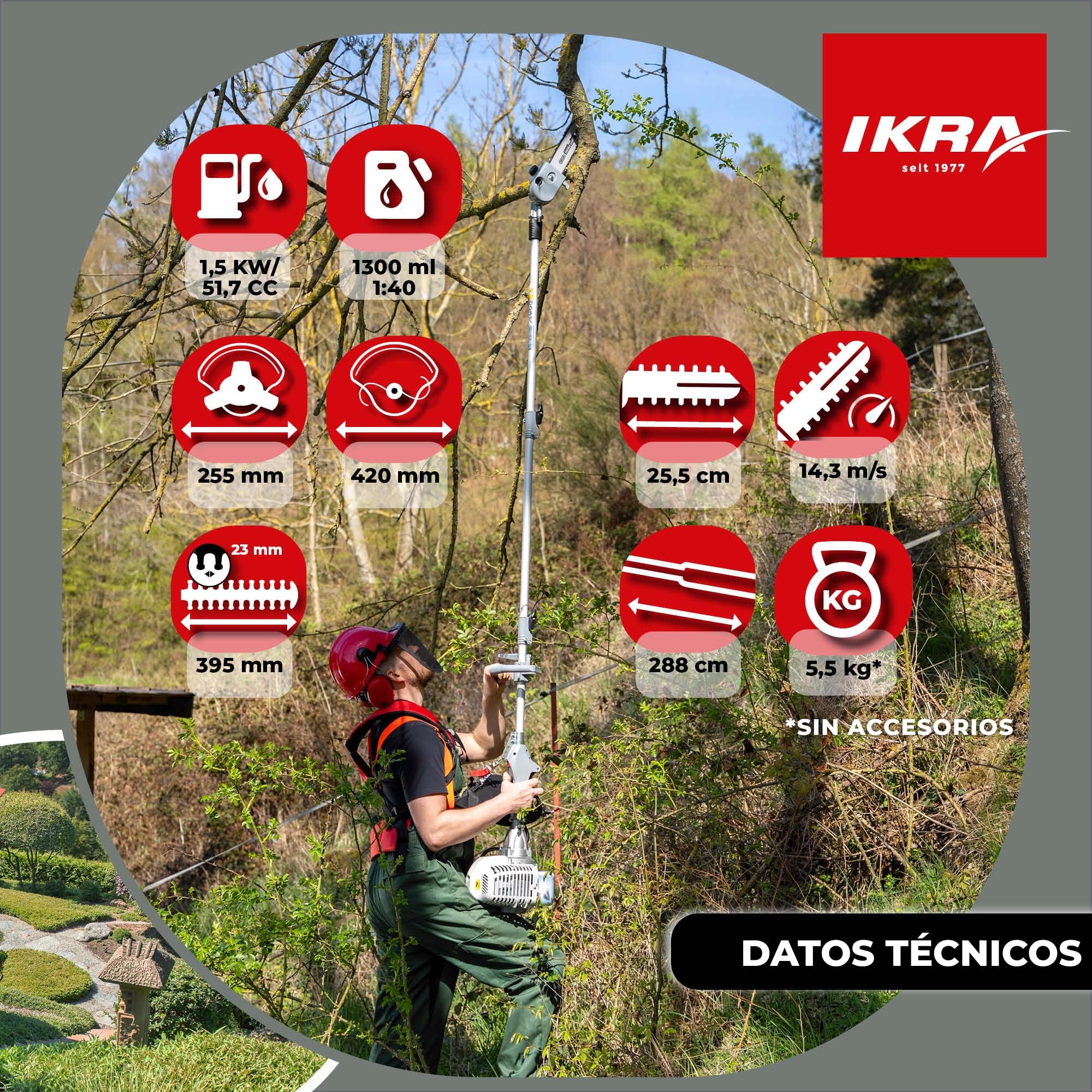 IKRA Herramienta multifunción IKRA IBKH 52-1 Gasolina 4en1, 51,7cm³, 1,5kW | 4 herramientas en una: desbrozadora, cortabordes, cortasetos y podadora, motor de 2 tiempos y sistema de arranque fácil