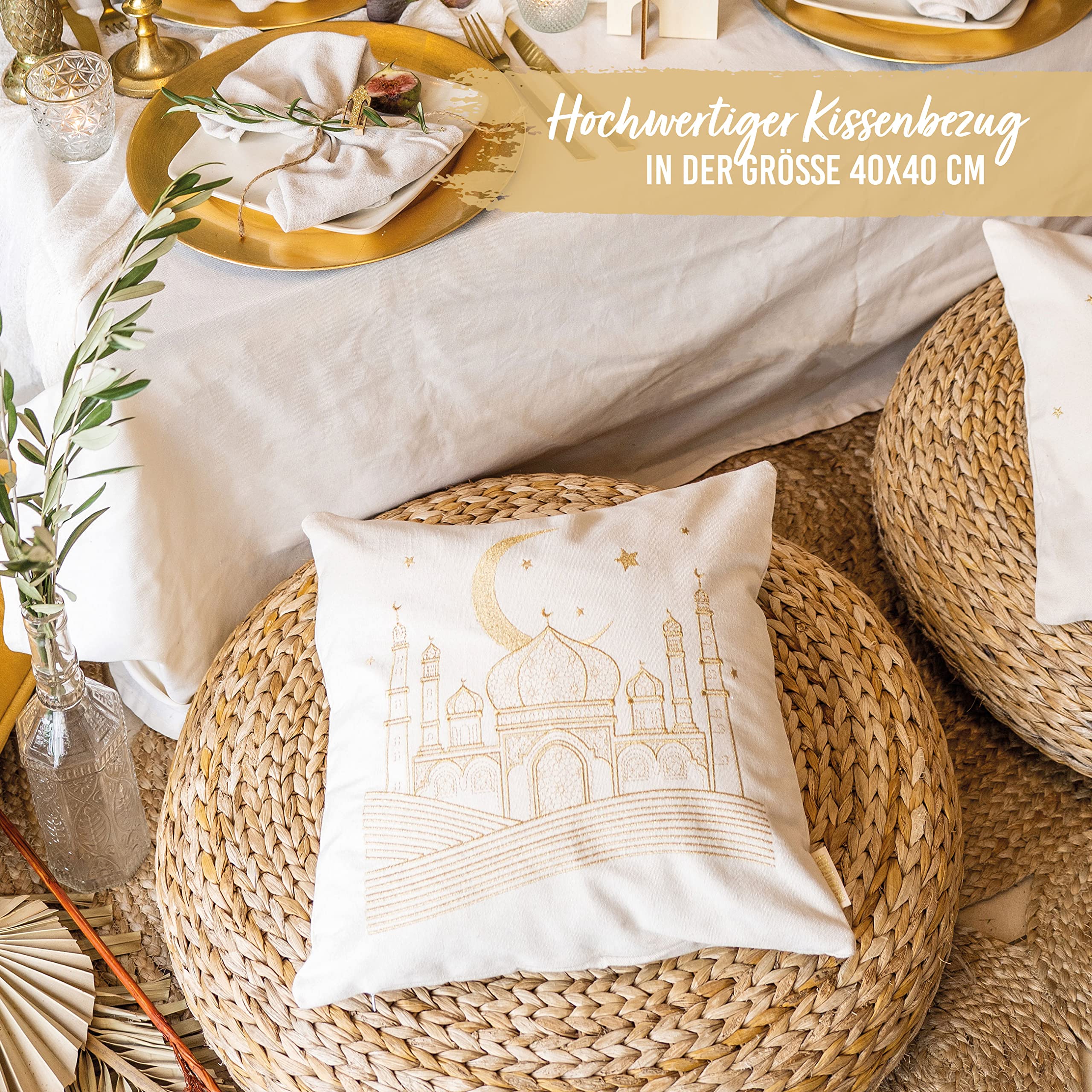 Papierdrachen Cushion Cover as Ramadan Decoration, High-Quality Gold Embroidered, Size 40 x 40 cm - Image 2