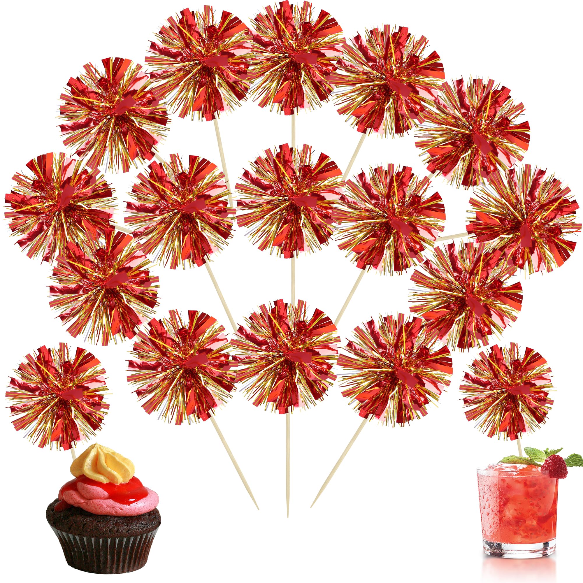 Ephlyn 30Pcs Foil Firework Cupcake Toppers Sparkle Tinsel Drink Birthday Cake Decorations Cocktail Food Fruit Toothpick for New Years Wedding Birthday Party Decorations Gold Red