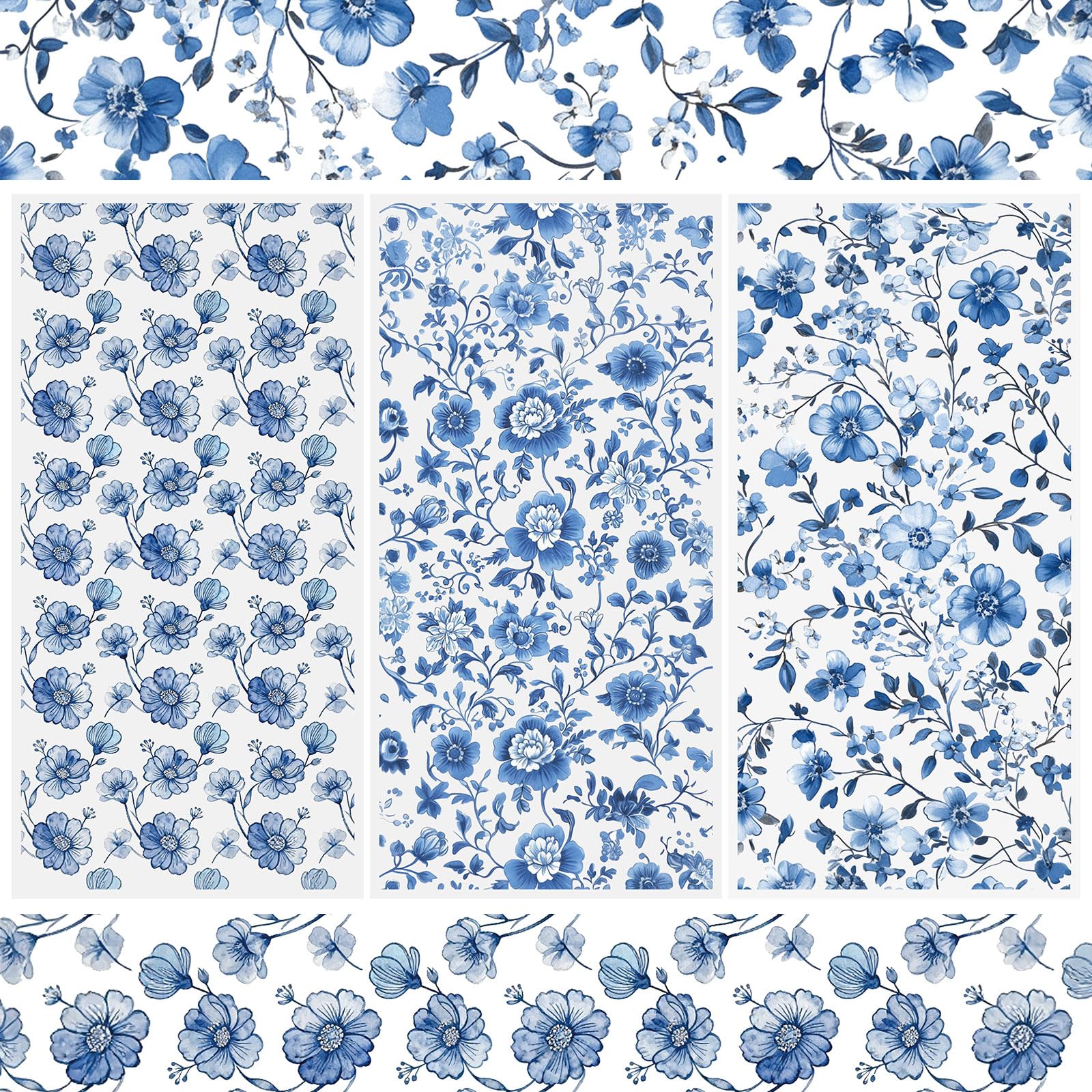 WANDIC 3 Sheets Blue Flowers Rub On Transfer Stickers, Waterproof Decals Furniture Craft Decorative, Junk Journals for DIY Scrapbooking, 15 * 30cm