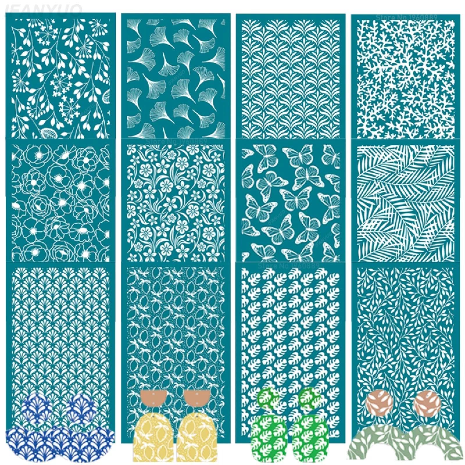 MANGOUSONG Screen Printing Kit,9x15cm Silk Screen Stencils for Polymer Clay Flower Leaf Butterfly Line Texture Silkscreen Print Kit Clay Stamp Jewelry Earrings Making Style 11