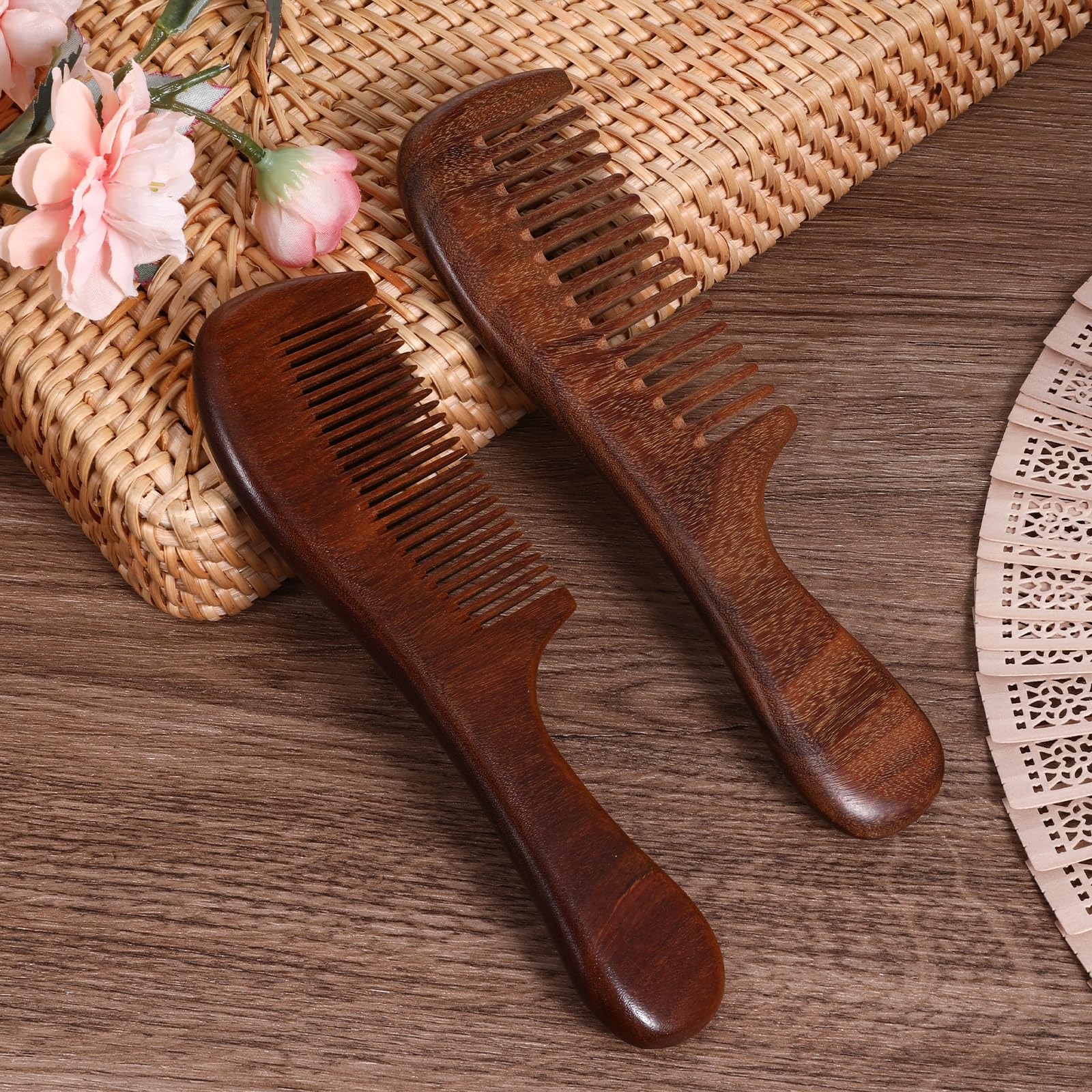 2 Pcs Sandalwood Comb Set Handmade Wide Tooth Comb and Fine Tooth Comb Wooden Comb Anti-Static Wood Comb Green Sandalwood Detangling Comb Hair Combs for Women Men - Image 3