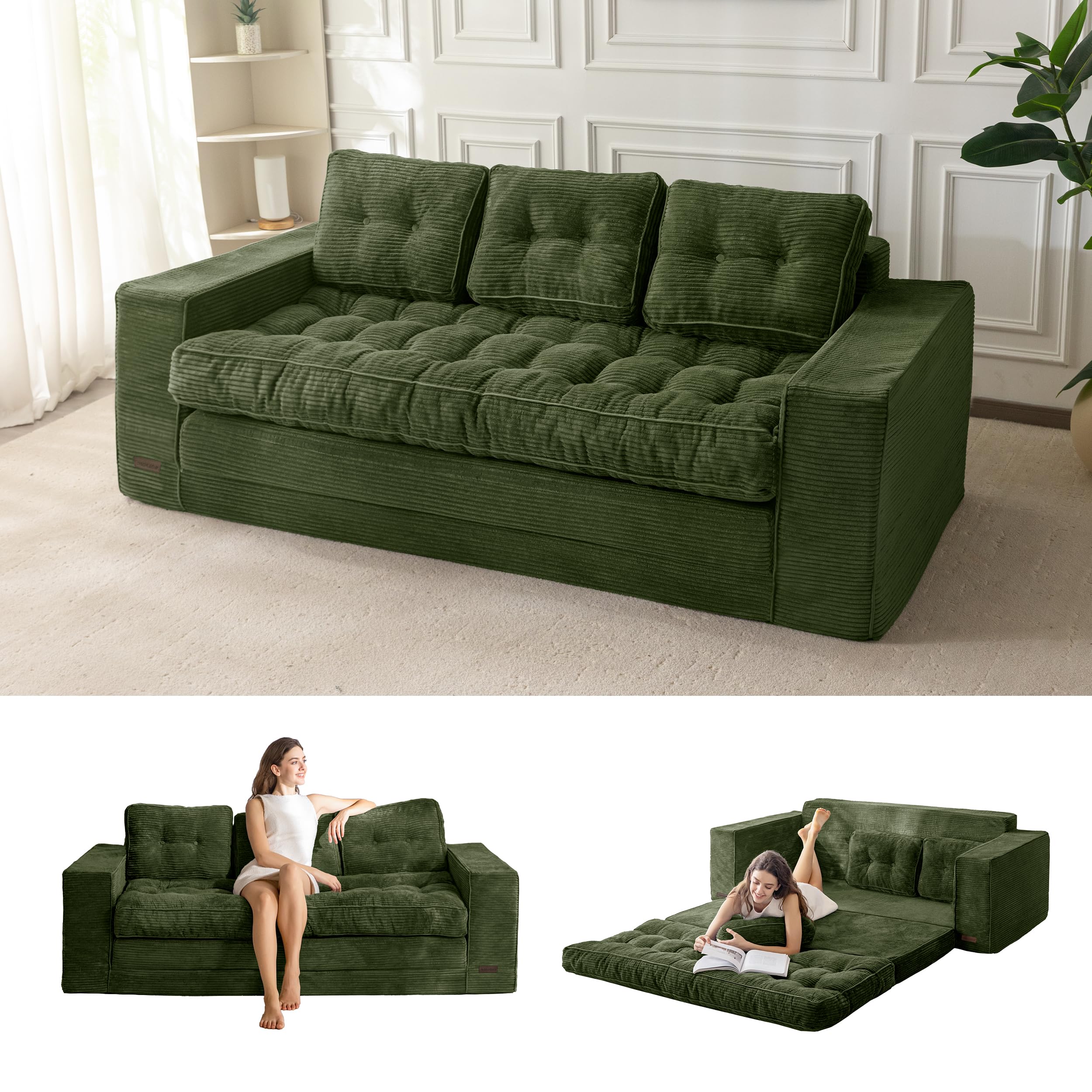MAXYOYO Bodensofa Schlafsofa 190cm Breit mit Kissen, 2-in-1 Klappbar Cord Sofa 3 Sitzer mit Schlaffunktion, Liegefläche 101x196CM für Wohnzimmer, Schlafzimmer, Lounge