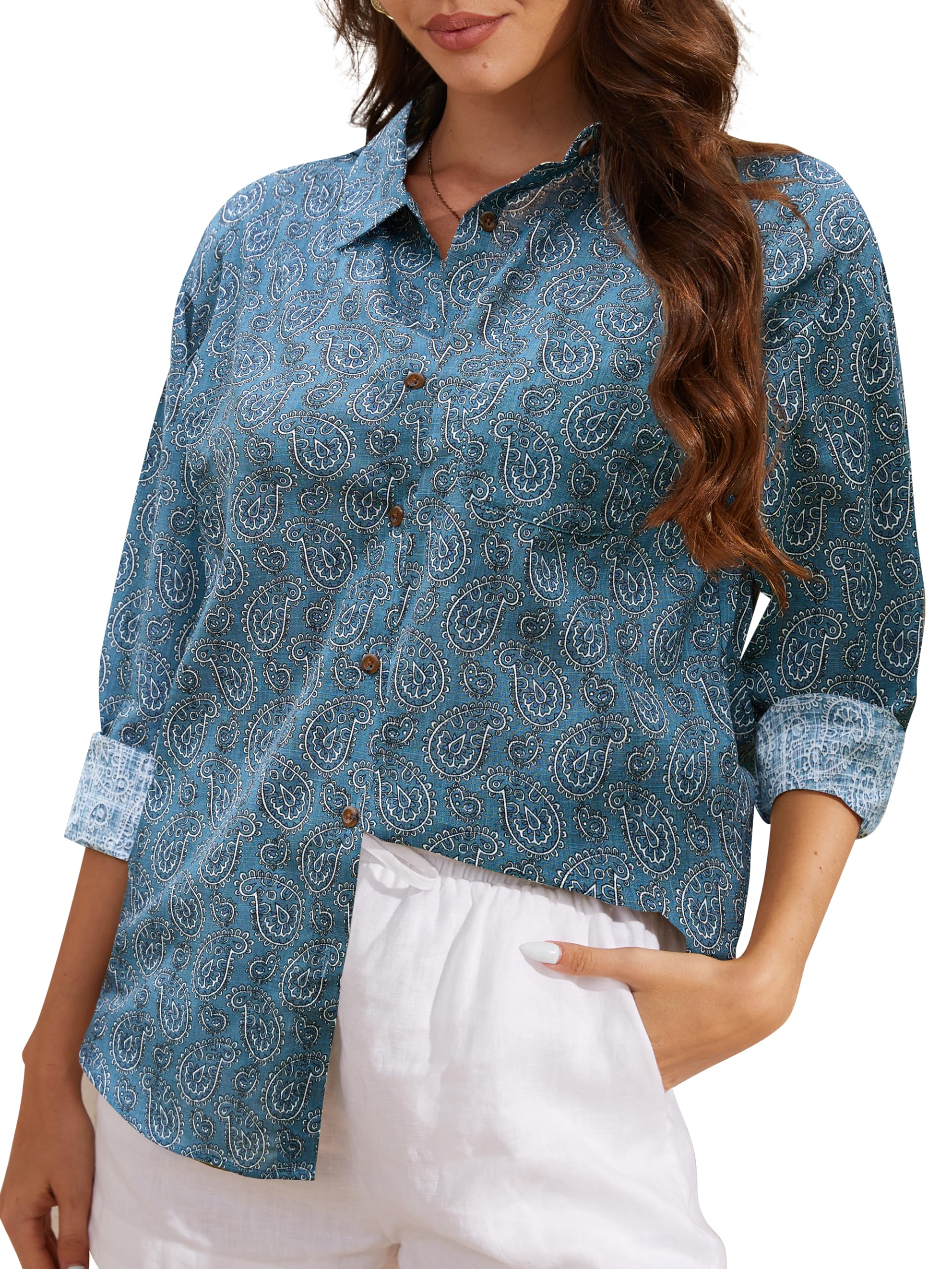 CUNLIN Women's Button Down Shirts Long Sleeve Cotton Summer Beach Wear for Women with Pocket