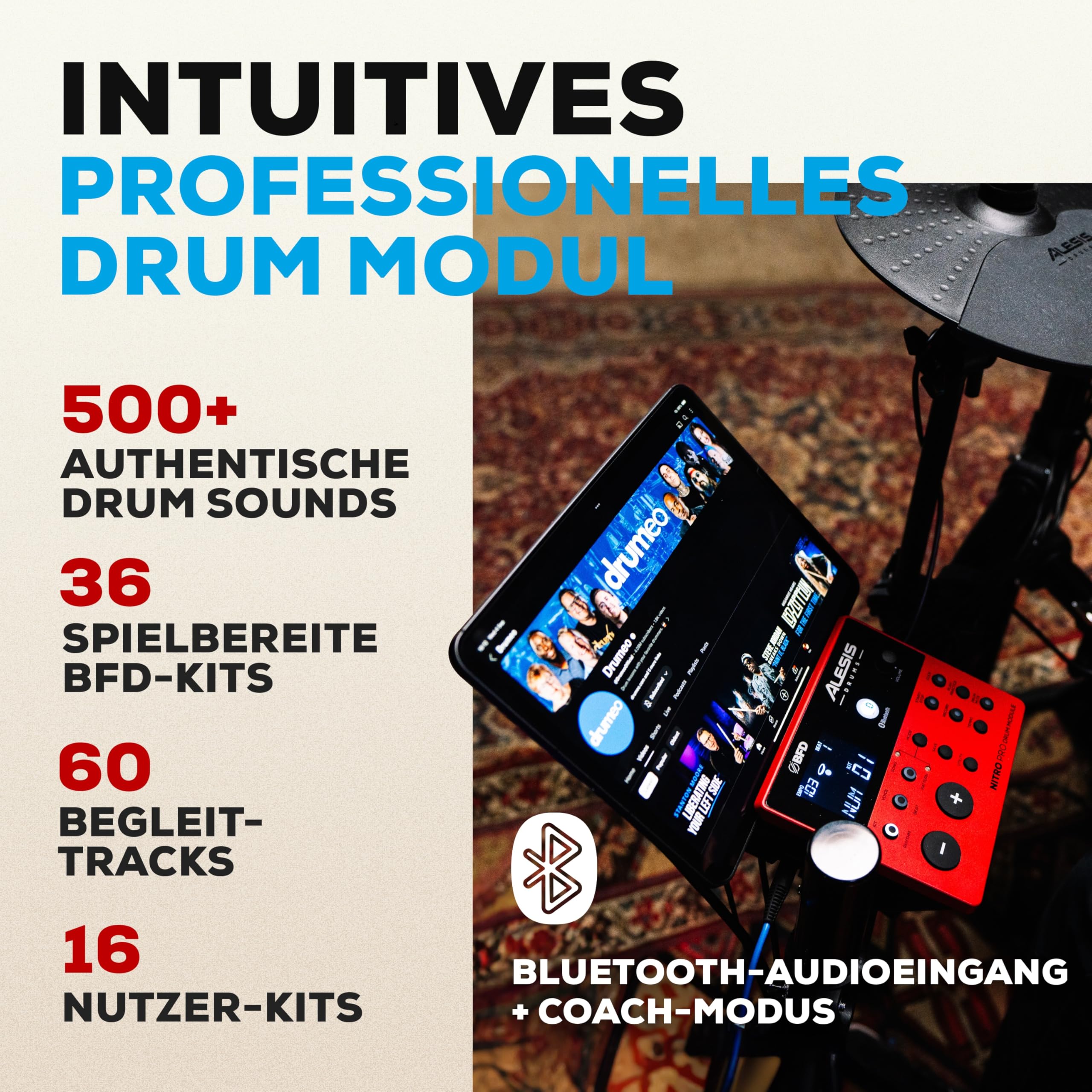 Alesis Nitro Pro Schlagzeug Elektronisch mit leisen Dual Zone Mesh Pads, 500+ authentischen BFD-Sounds, Bluetooth, Drumeo, USB-MIDI, Double Kick kompatibel