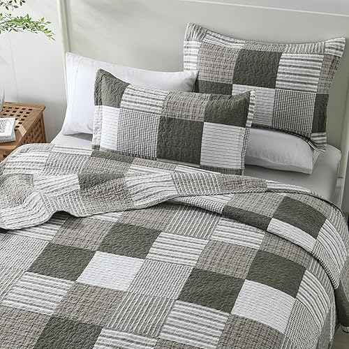 Vista 18 de Y-PLWOMEN Edredón tamaño Queen, 100 % algodón, edredón de retazos marrón a cuadros, colcha ligera tamaño Queen, suave, transpirable, para todas