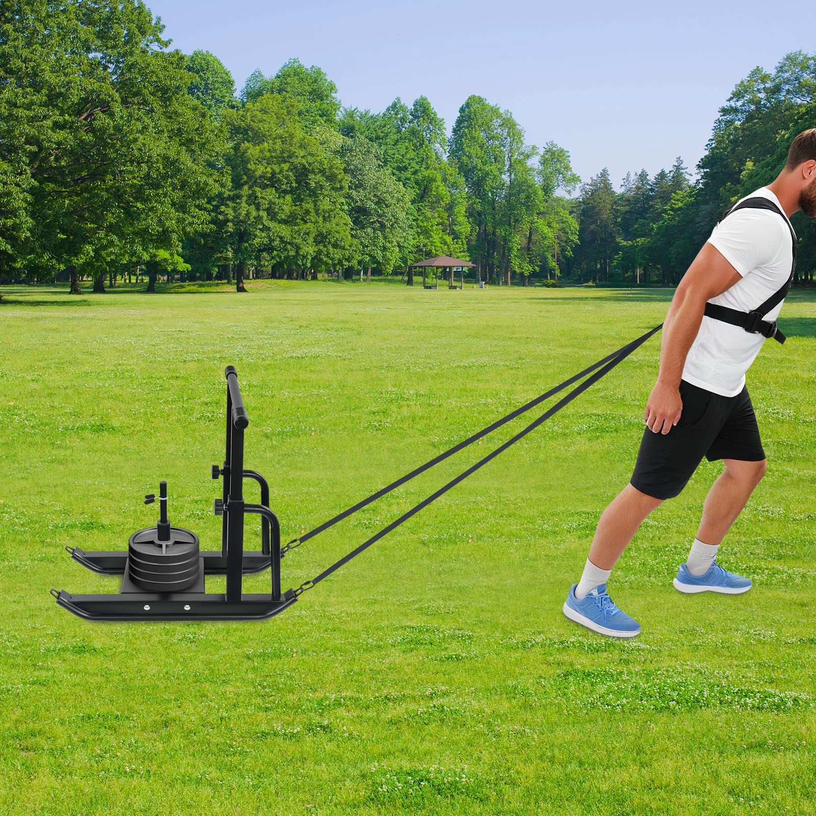 Trineo de peso, 5 alturas ajustables, trineo de fitness, capacidad de carga 200 kg, Power Sled con correa de hombro ajustable, trineo de entrenamiento de peso, mejora la fuerza explosiva, para discos