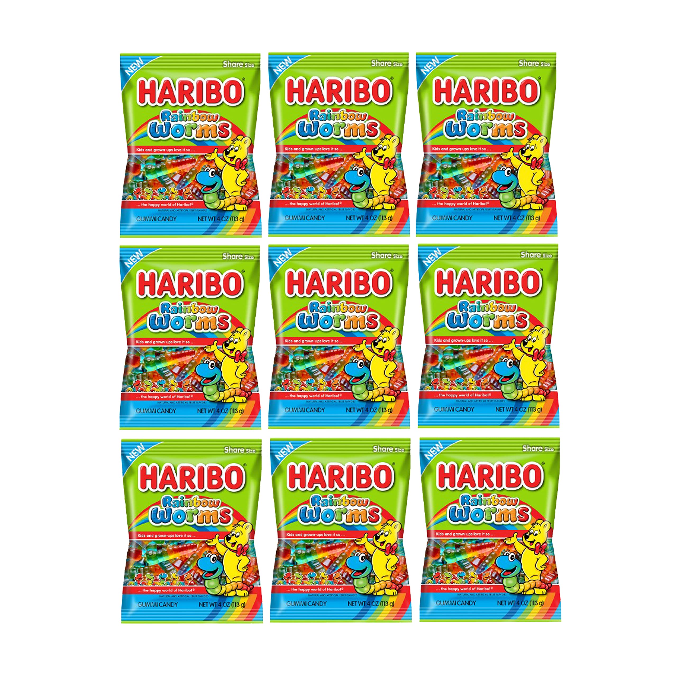 Haribo Rainbow Gummy Worms Pack of 9 (5 oz Bags) Lemon, Strawberry, and Black Currant Candy for Easter, and More in a King of Sweets Bulk Bag