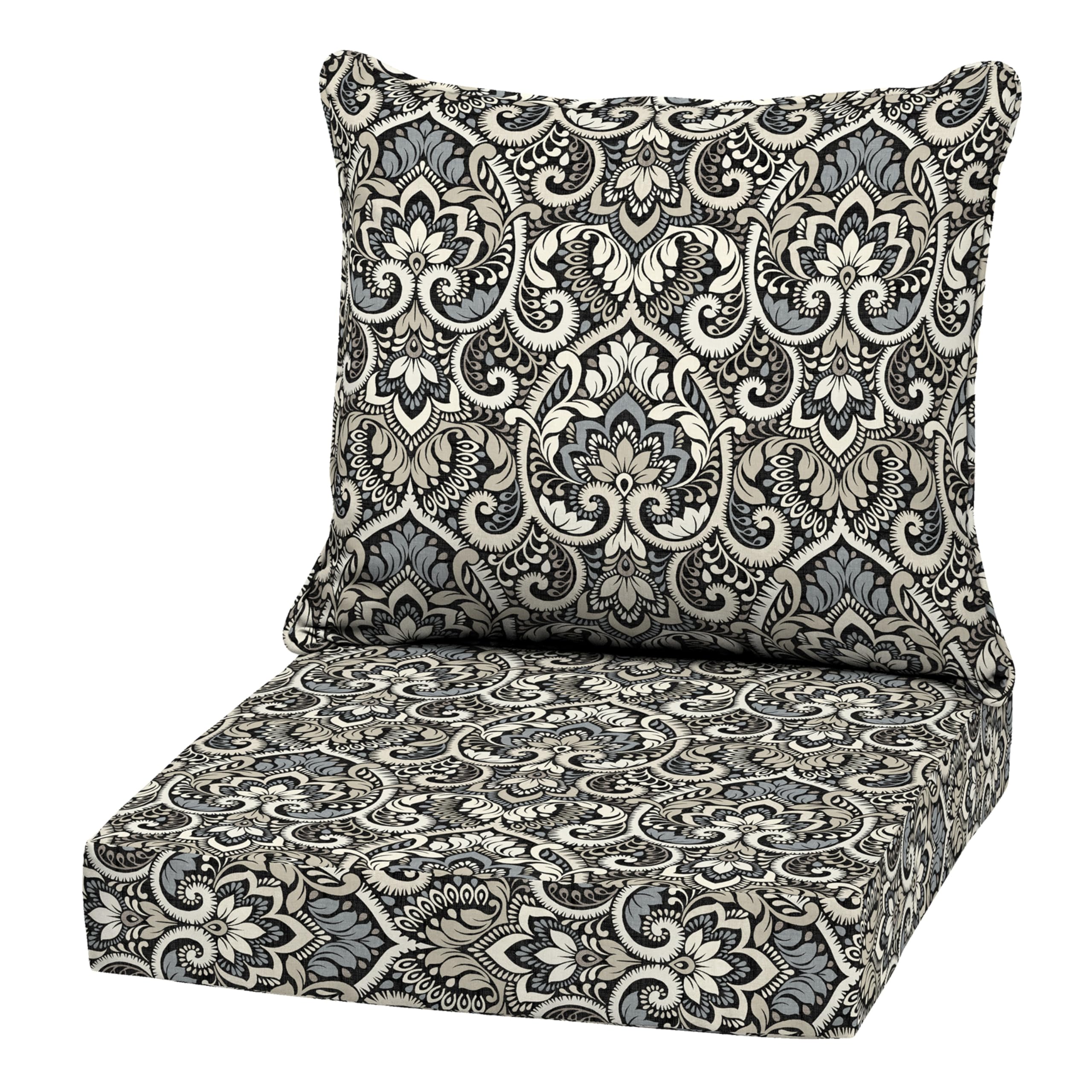 Photo 1 of ** bottom cushion only**Arden Outdoor Deep Seat Cushion Set, 22 in x 24 in, Weather-Proof, Rain-Proof, Fade Resistant Patio Cushion Black Aurora Damask