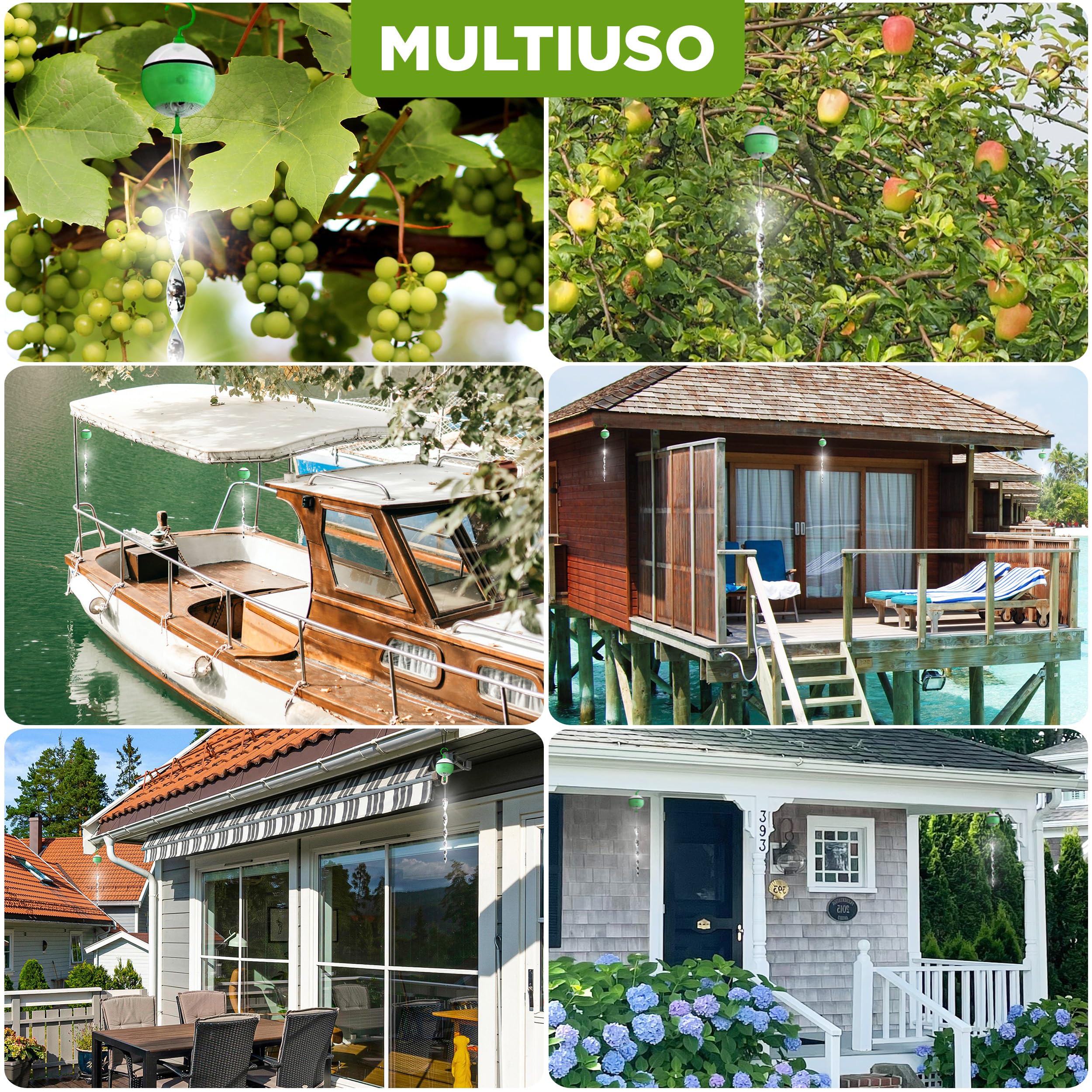 ISOTRONIC dissuasore solare uccelli 4in1 movimento ultrasuoni luce blu riflettori argentati piccioni balcone giardino 4 pezzi efficace esterno protezione difesa stop volatili ecologico decorativo