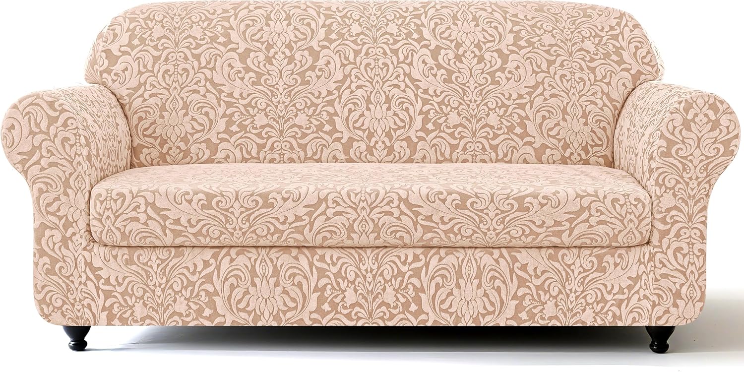 SUBRTEX 2 Piece Couch Covers, Jacquard Damask 3 Seater Sofa Cover with Seat Cushion, Stretch Sofa Slipcovers Non Slip Furniture Protector for Dogs Pets (Large, Oatmeal) Oatmeal - Damask Large