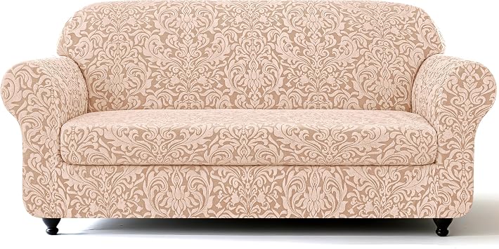SUBRTEX 2 Piece Couch Covers, Jacquard Damask 3 Seater Sofa Cover with Seat Cushion, Stretch Sofa Slipcovers Non Slip Furniture Protector for Dogs Pets Large, Oatmeal