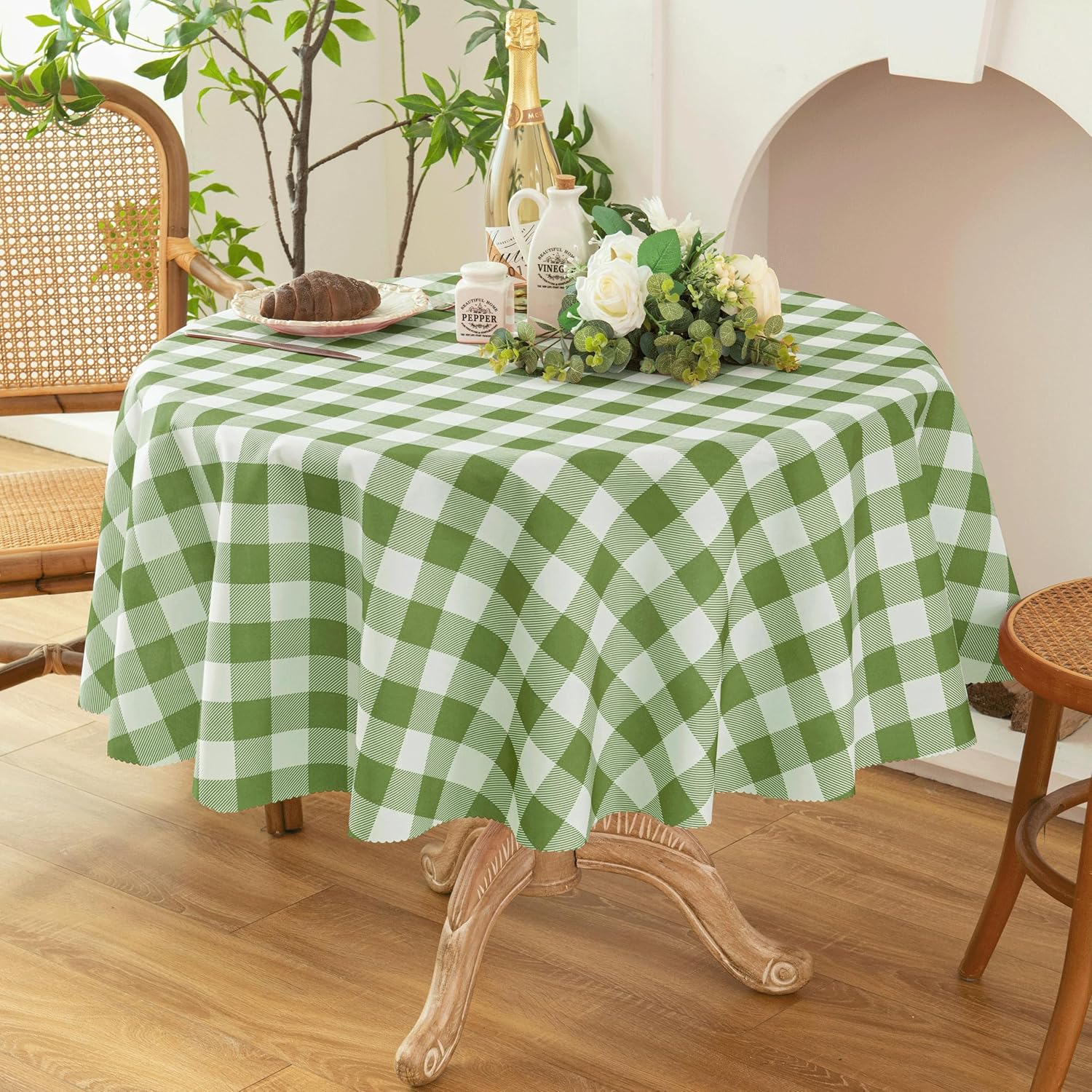 Waterproof Plaid Tablecloth Fabric - Round 70 Inch Classic Gingham Checker Table Cloth for Indoor/Outdoor Use - Buffalo Table Cover for Picnics, BBQs, and Parties Sage Green 70" (Round)