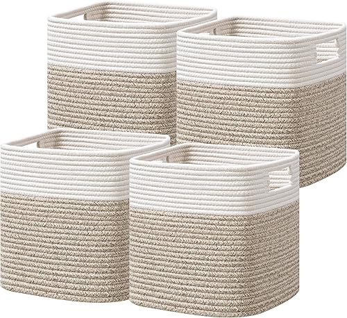 UBBCARE Juego de 4 cestas de almacenamiento de 11 x 10.5 x 10.5 pulgadas, cesta de cuerda de algodón para estantes, juguetes, libros, cubos de