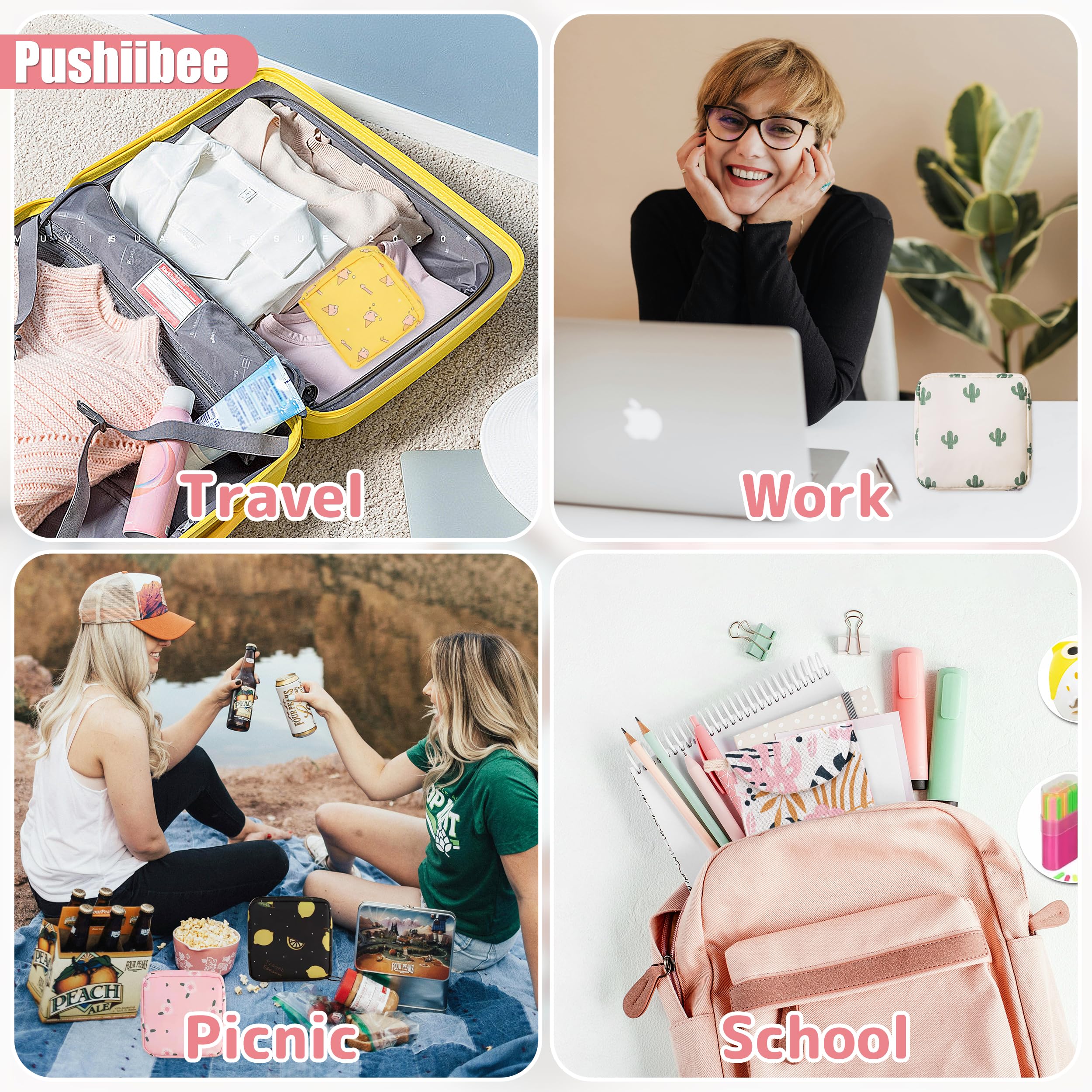 Pushiibee Bolsa para Compresas, 6 Piezas Neceser Menstrual para Mujer, 2 Estilos Estuche para Compresas y Tampones Mini Bolsita con Cremallera para Viaje y Uso Diario — view 7
