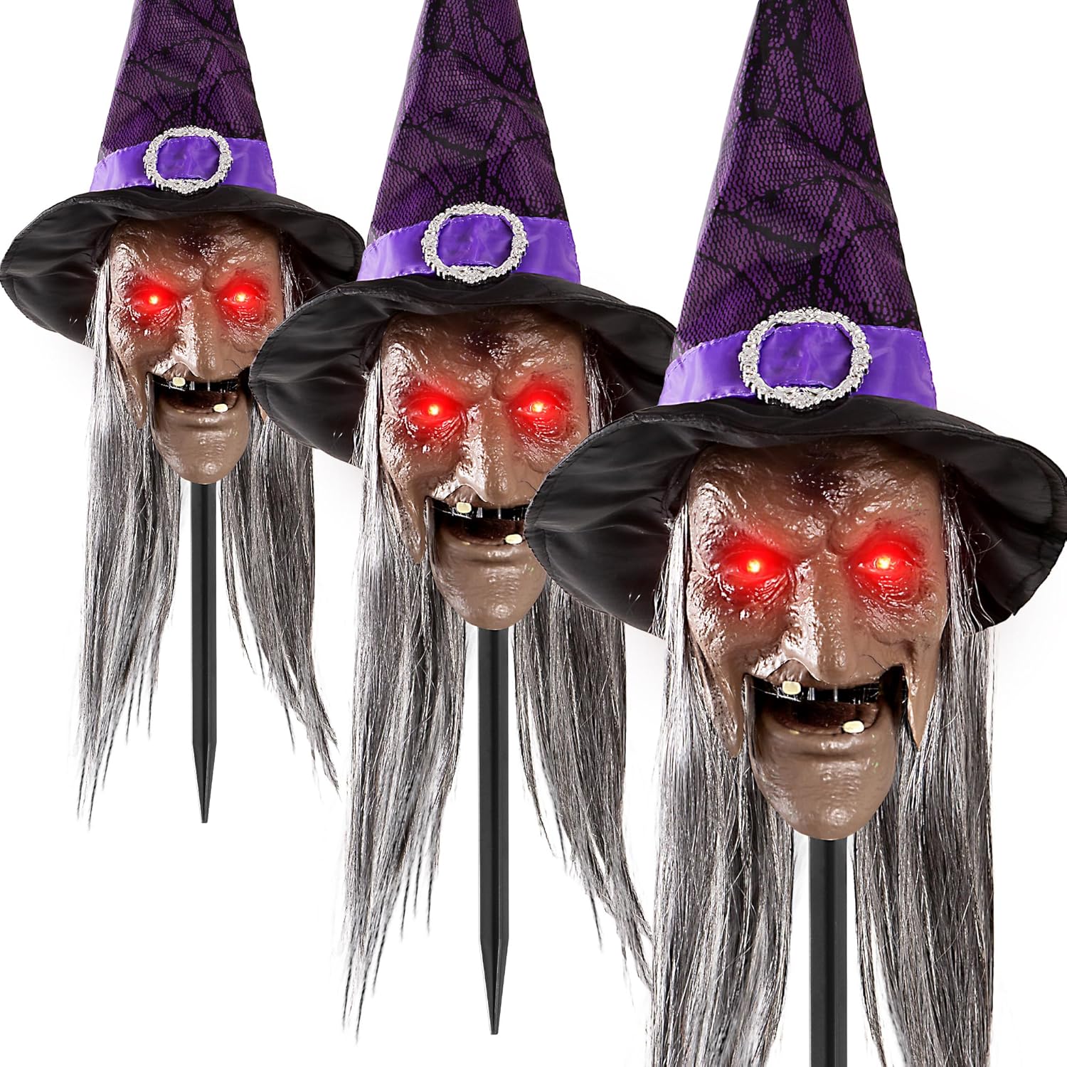 3-Pack Halloween Animatronic Witch Stakes  Outdoor Halloween Decorations with Sound,Light-Up Eyes, Moving Mouth & Sound Activation  Scary Prop for Yard, Pathways, Haunted Houses & Party