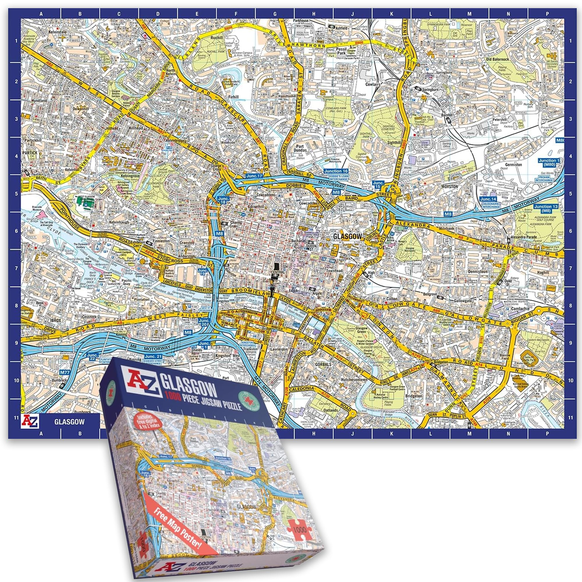 Great Britain A-Z Map of Glasgow 1000 Piece Jigsaw Puzzle – Exclusive Street Map – Includes Guide Print & City Index – Nostalgic Gift Mapping Fun for Adults