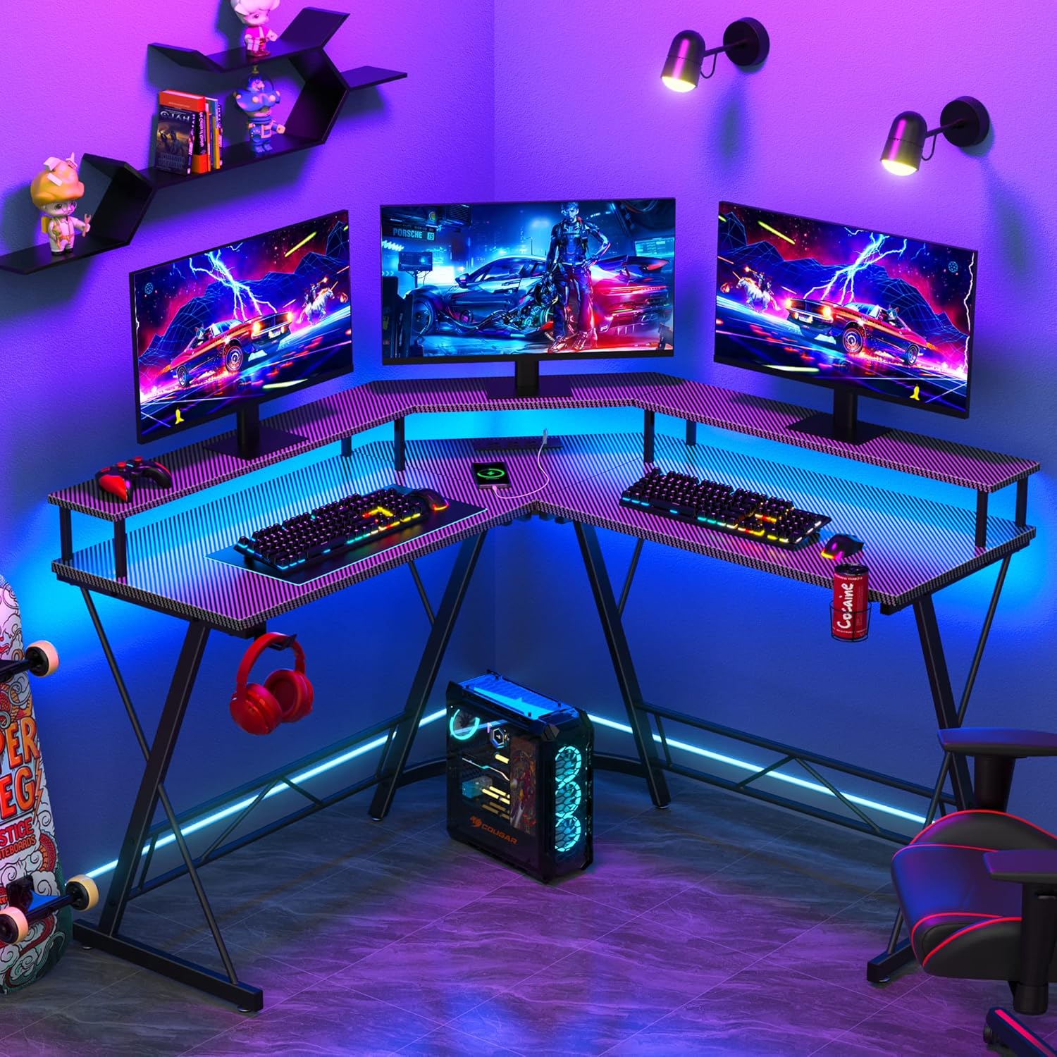 Yornoli Gaming Desk with Led Lights＆Power Outlet 127cm L Shaped Computer Corner Desk with Cup Holder＆Headphone Hook Home Office Desks with Large Monitor Stand Graphite Black