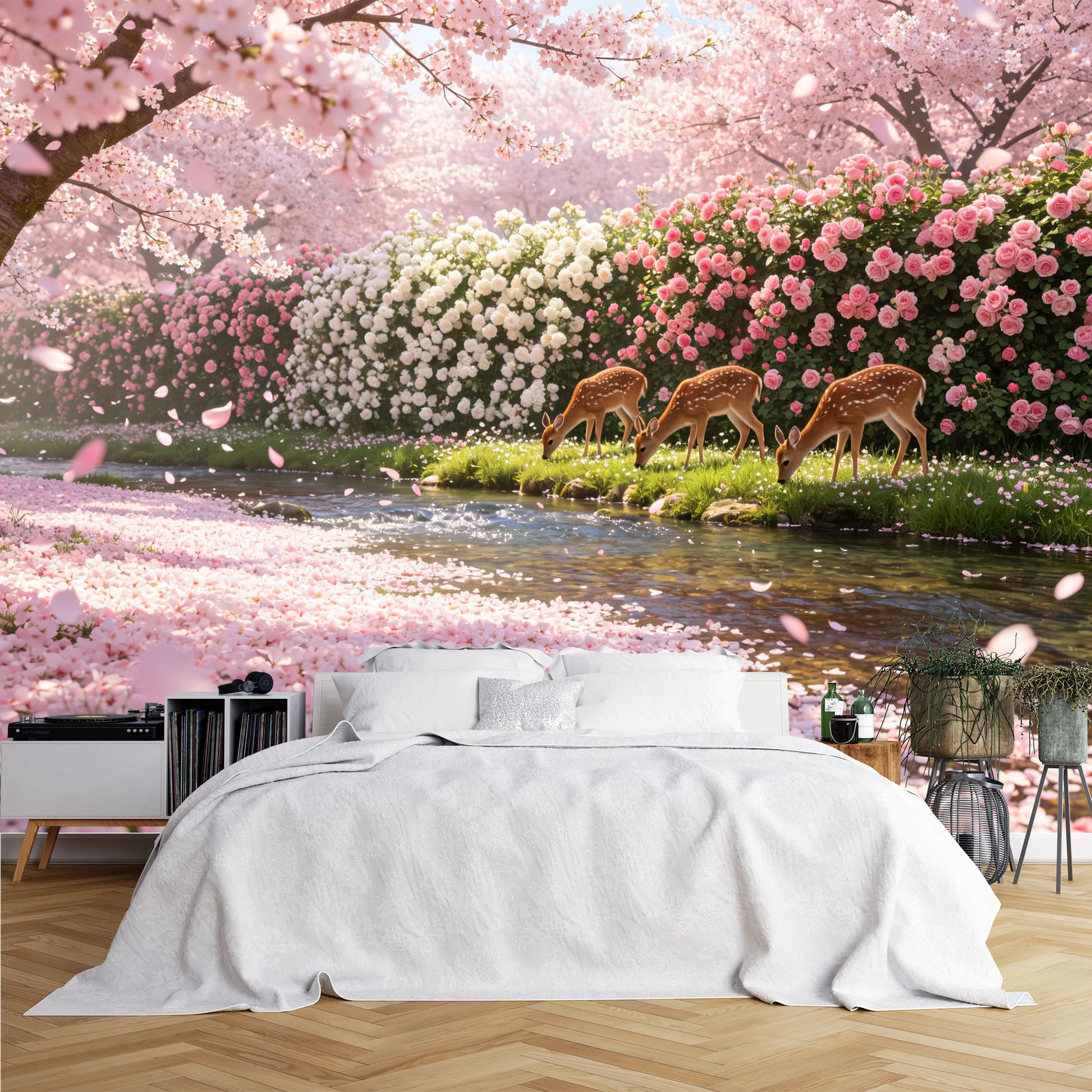 Lcythiazole Ch260615020 Custom Size Wall Murals Cherry Blossom Deer Spring Stream Scenery Wall Murals Vivid Large Photo Wallpaper Self-Adhesive Removable Wallpaper For Living Room Bedroom