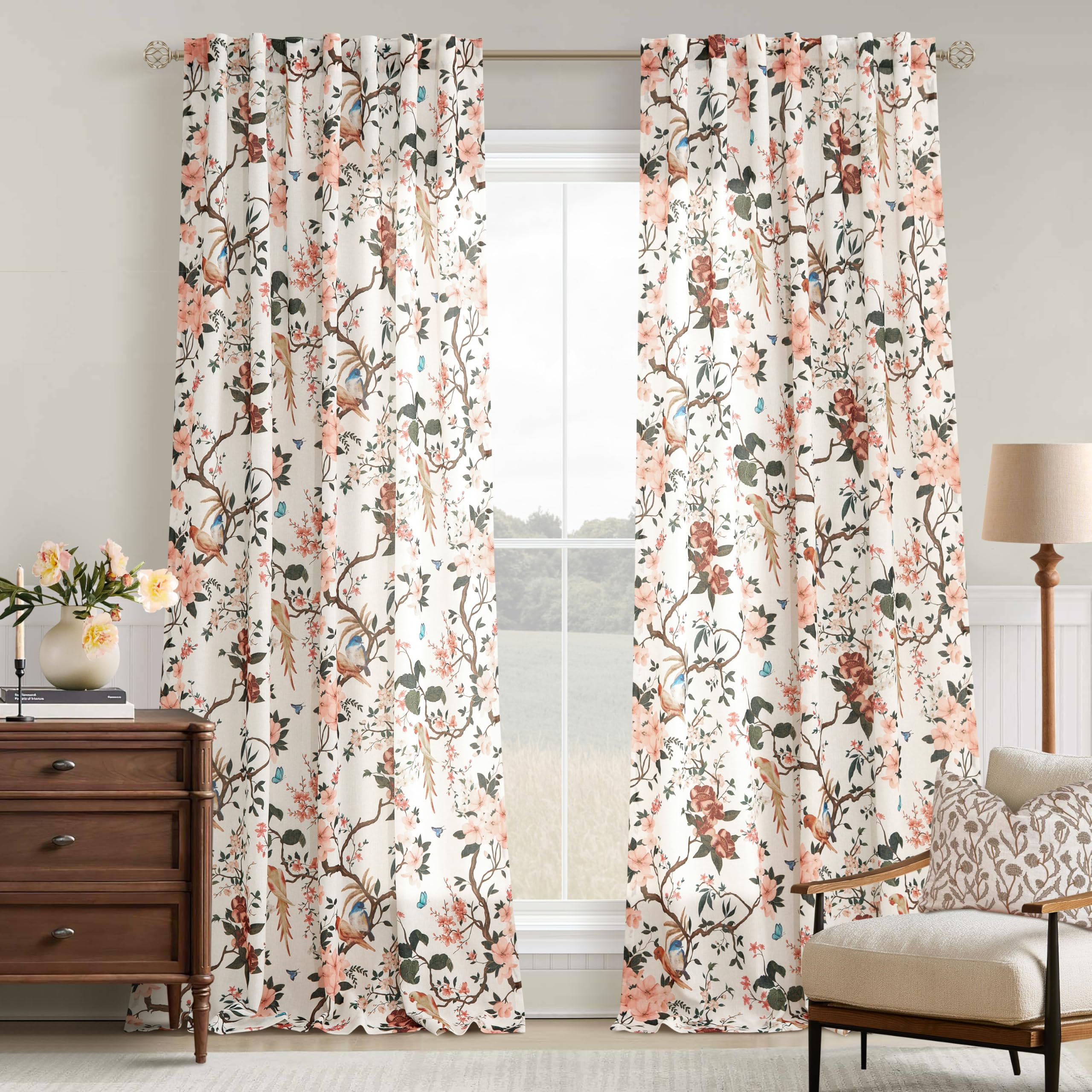 Cream White Semi Sheer Linen Floral Bird Printed Curtains 102 Inch Length | 2 Panels Set,Back Tab,Boho,Farmhouse Bohemian,Country,Ivory Beige,Leaf Patterned,Long Drapes for Living Room Bedroom Dining