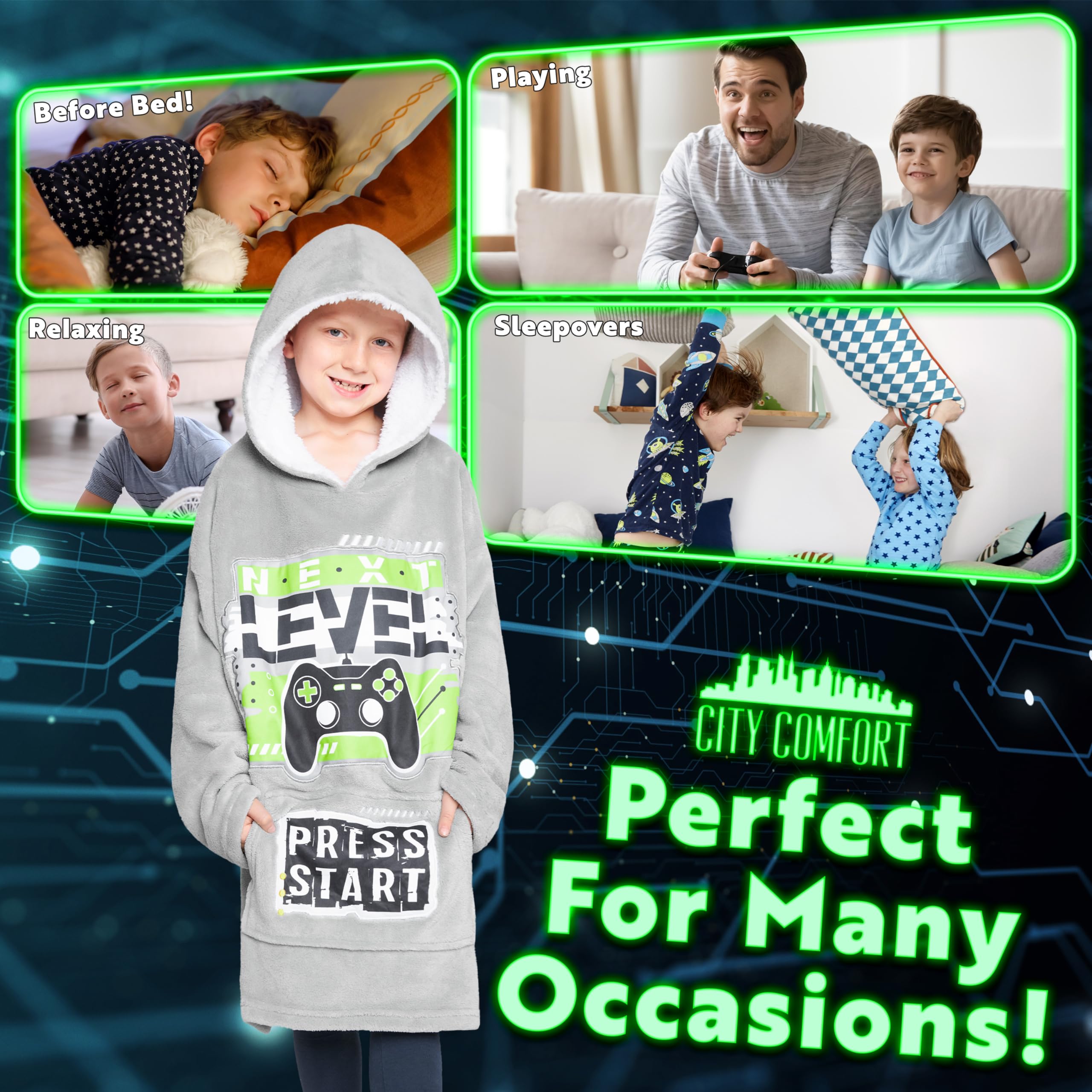 CityComfort Felpa Coperta Bambino - Felpe Oversize con Cappuccio in Morbido Pile Taglia Unica - Regalo per Gamer