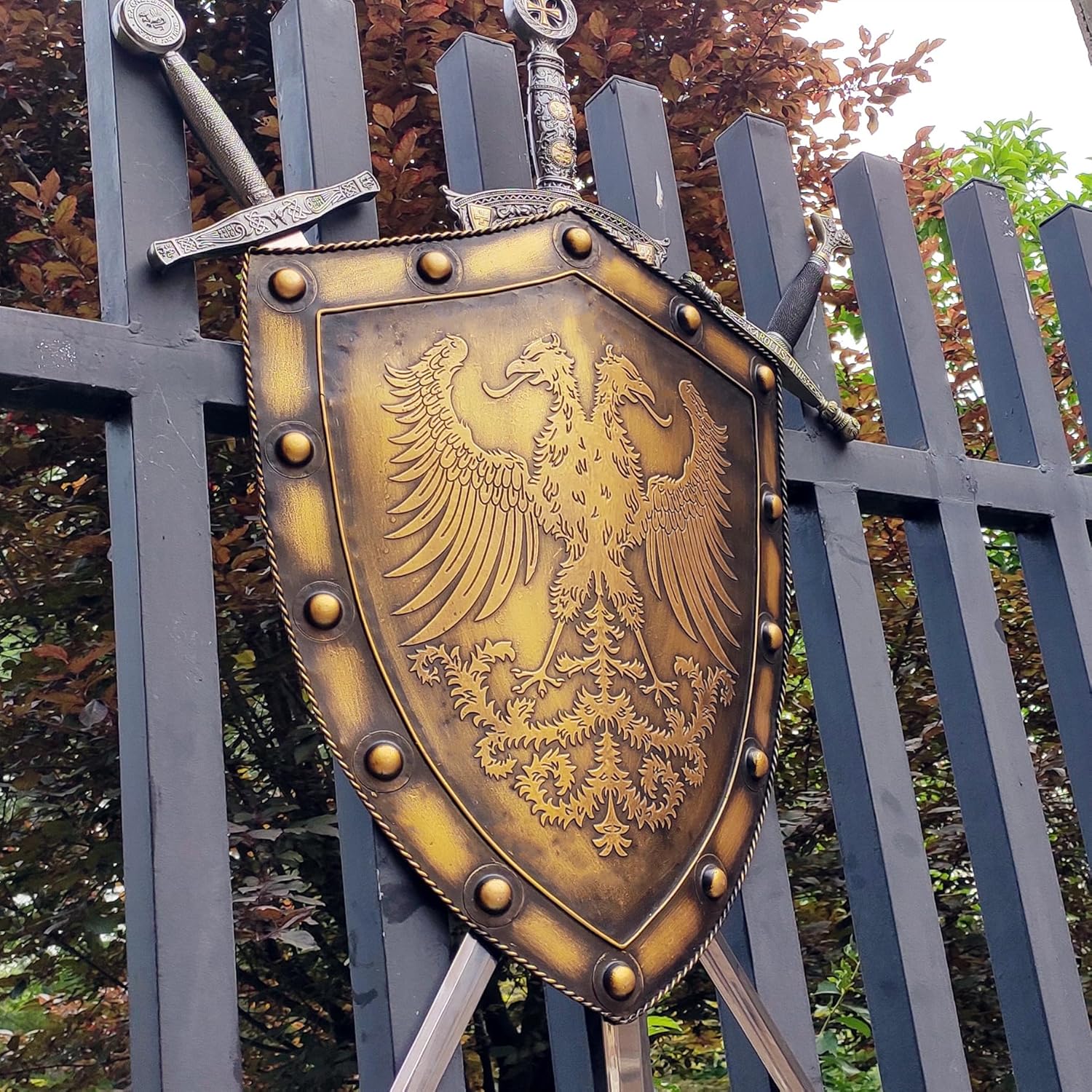 LOOYAR Medieval Double-headed Eagle Shield for Swords Holder Wall Decoration Home Office Bar