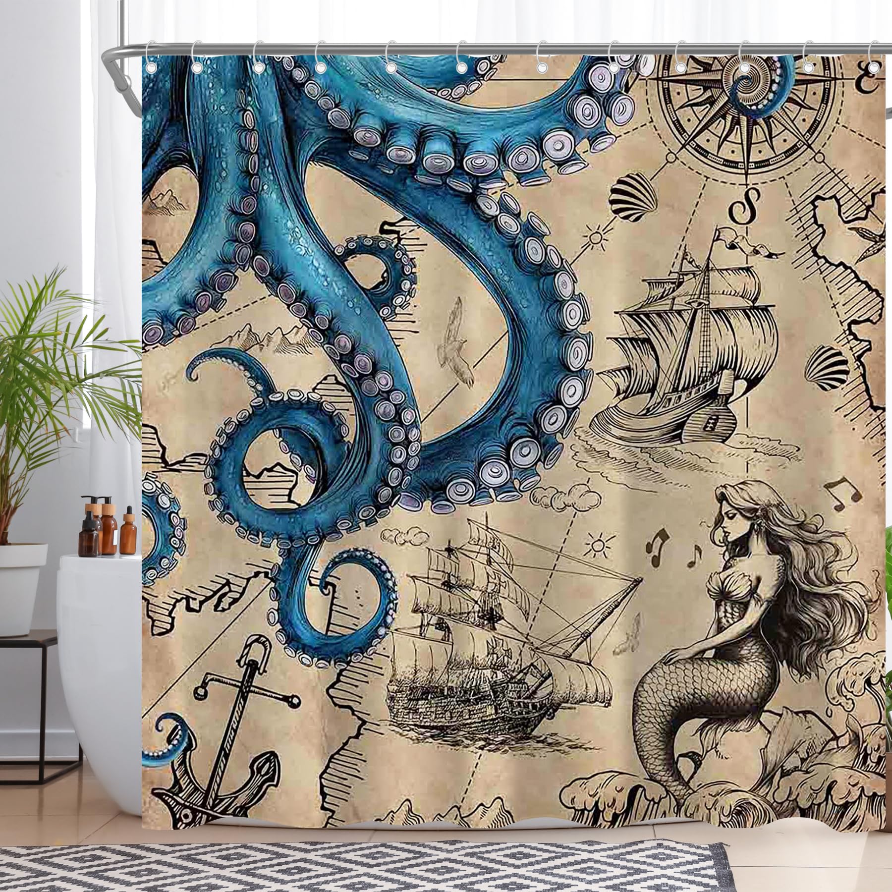 Swepuck Vintage Brown Octopus Shower Curtain for Bathroom Sailboat Ocean Blue Kraken Anchor Coastal Map Home Decorations Sets with 12 Hooks Waterproof Polyester 72