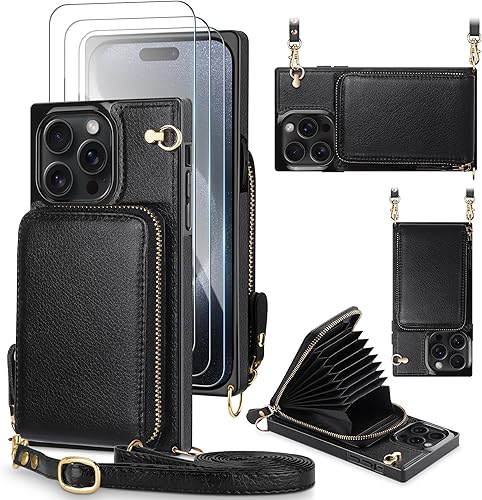 Miniatura 8 de JAKPAK Funda compatible con iPhone 15, funda de piel con cremallera y tarjetero + protector de pantalla 3 unidades, funda protectora con cordón para