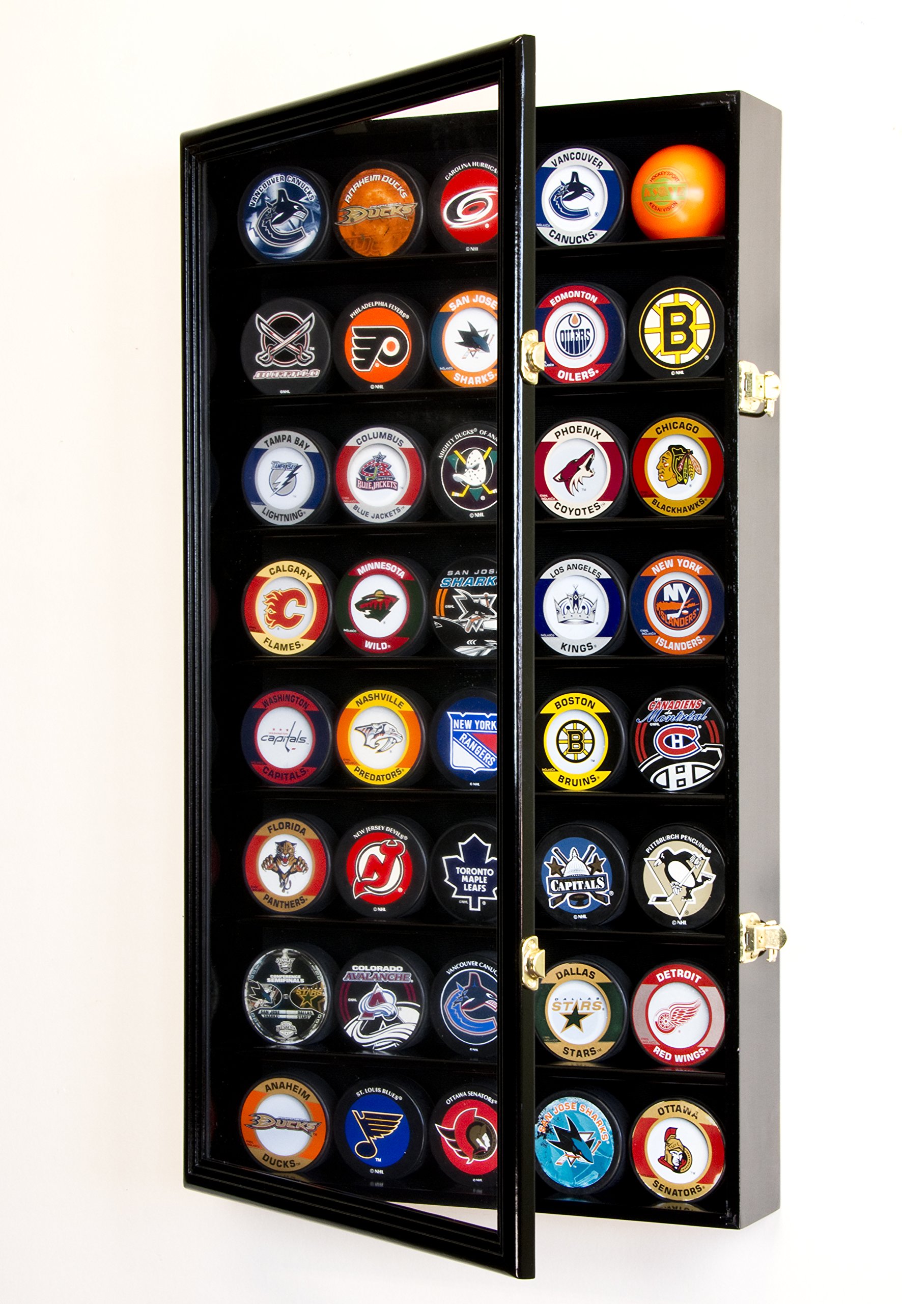 40 Hockey Puck Display Case Cabinet Holder Rack 98% UV (Black Finish)