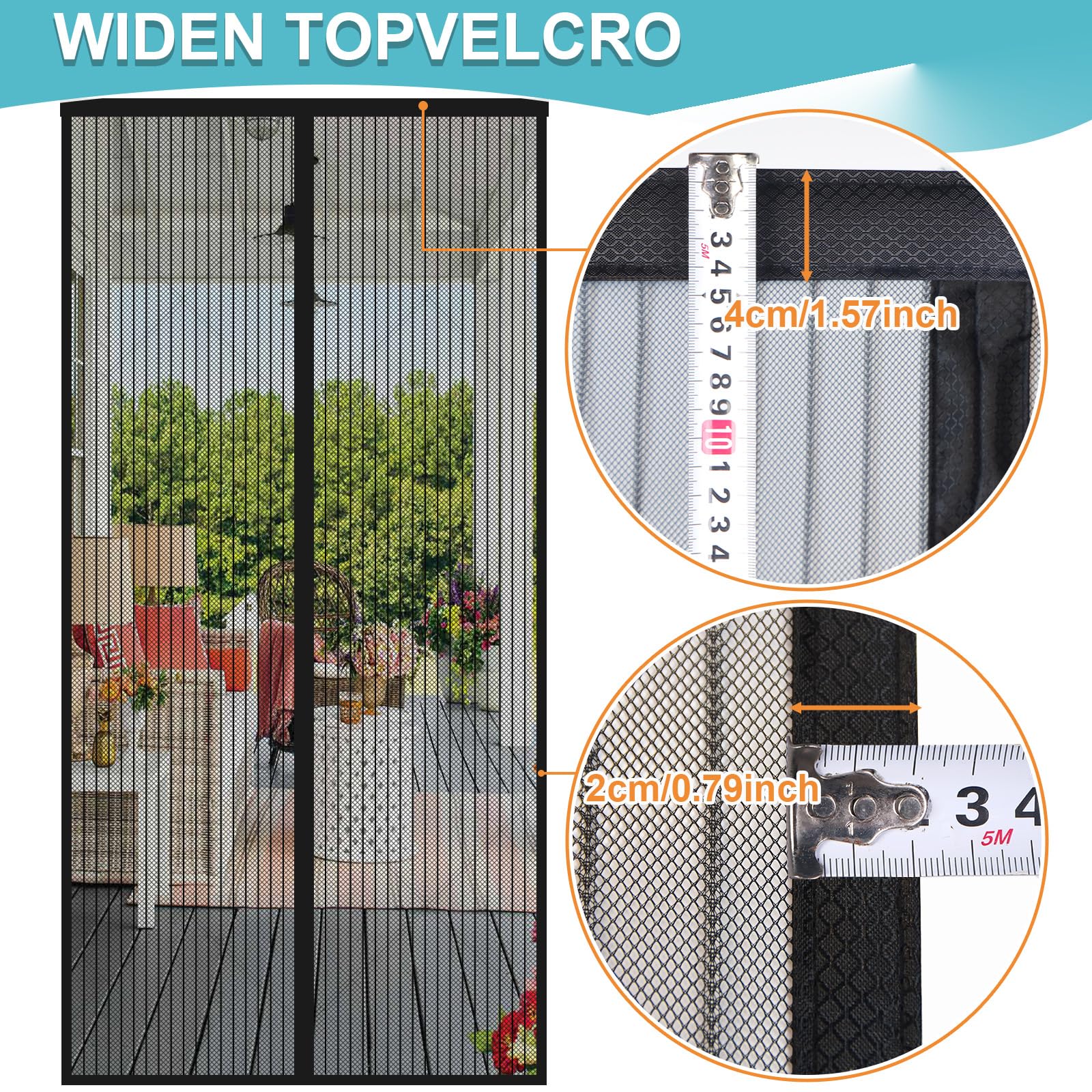 Close-up of the ENBZSVU magnetic screen door mesh showing the polyester fabric and magnet placement.