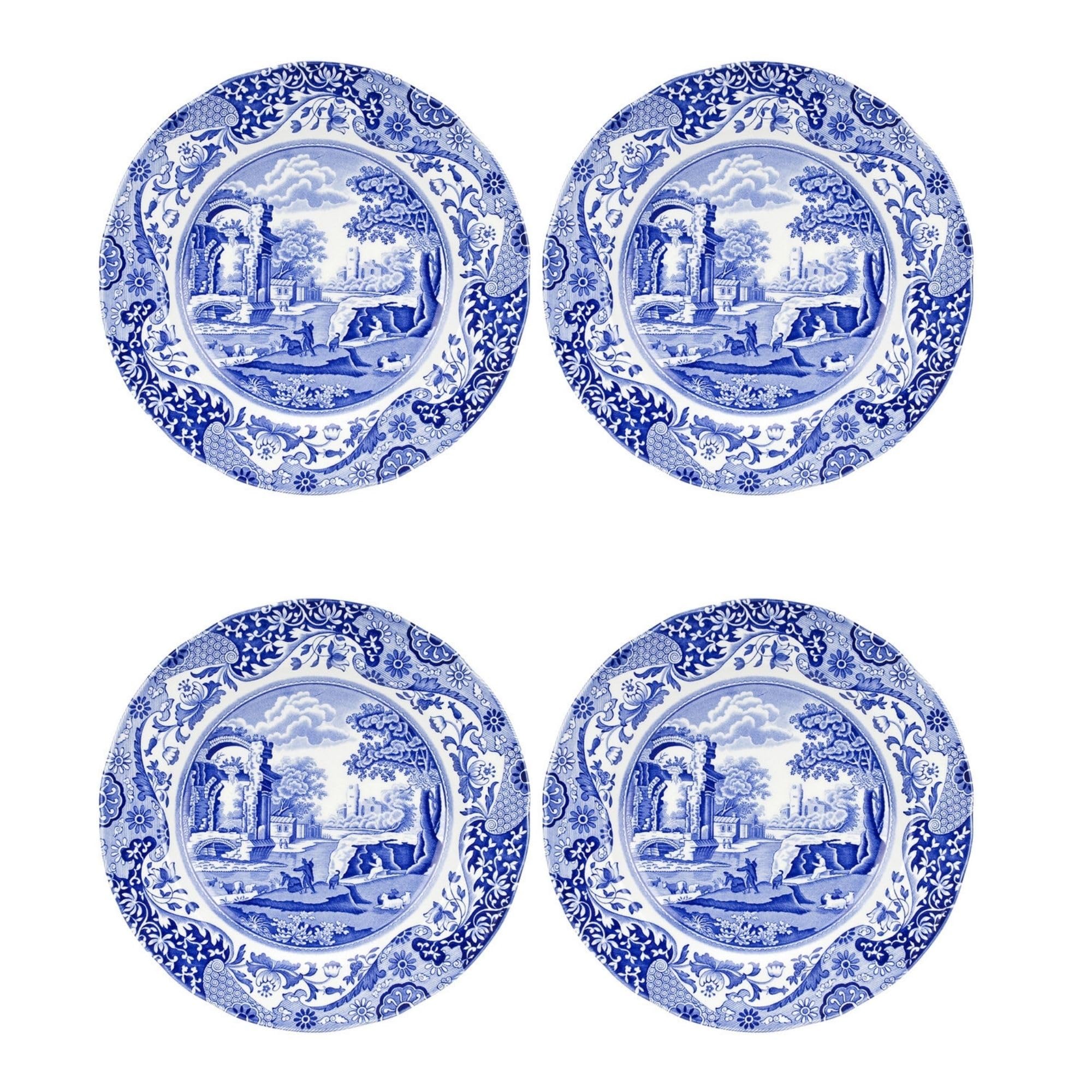 Spode Blue Italian 9-Inch Porcelain Luncheon Plates - Set of 4 Classic Round Dishes with Eastern-Inspired Border - Elegant Blue & White Tableware Gift for Everyday Meals & Hosting