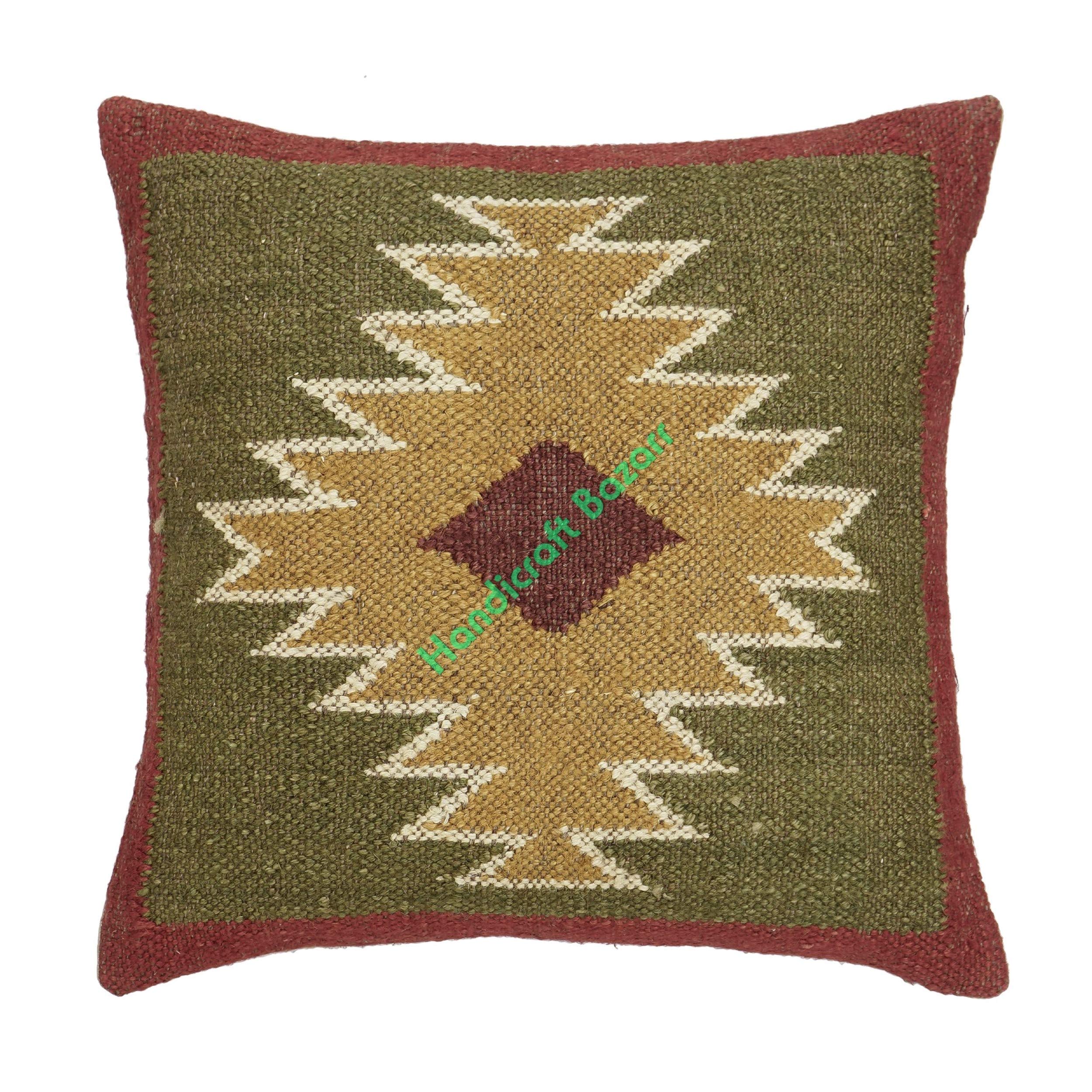 Handicraft Bazarr Hippie Jute Pillow Cases Sham Throw Cushion Case Killm Vintage Cushion Case Home Decor Outdoor & Indoor Floor Cushion Cover 18x18'' (Light Green)