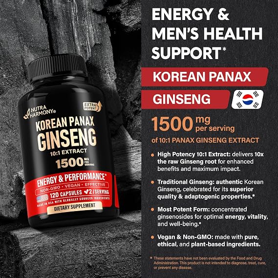Panax Ginseng 1500 mg - Red Korean Ginseng Supplement for Men - Extra Strength 10:1 Extract - Energy, Focus, Productivity & Performance - Natural & Vegan - Lab Tested - 120 Capsules, 2 Month Supply