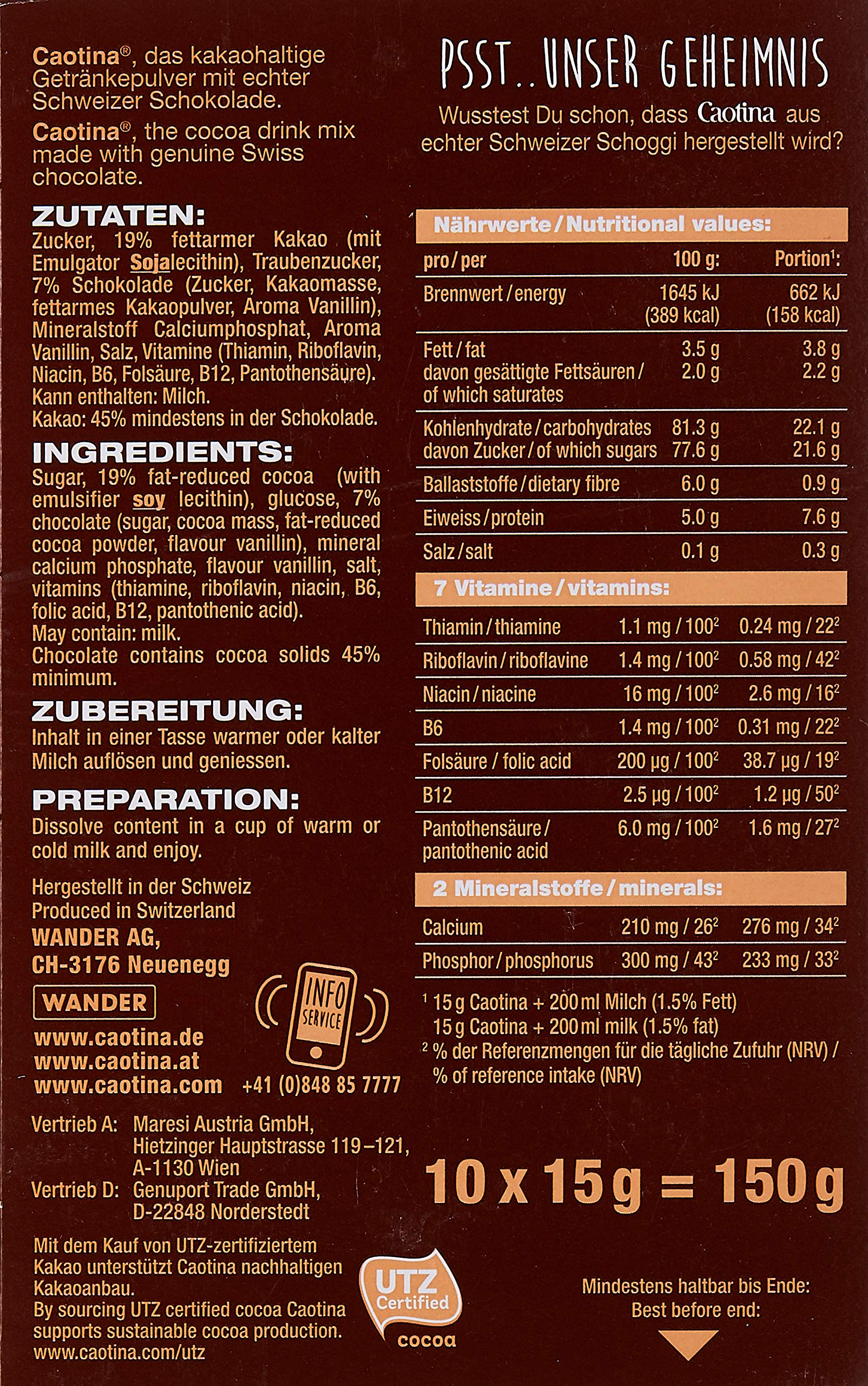 Caotina Original Cacao en Polvo, Chocolate Suizo Caliente Sostenible, 1x150g