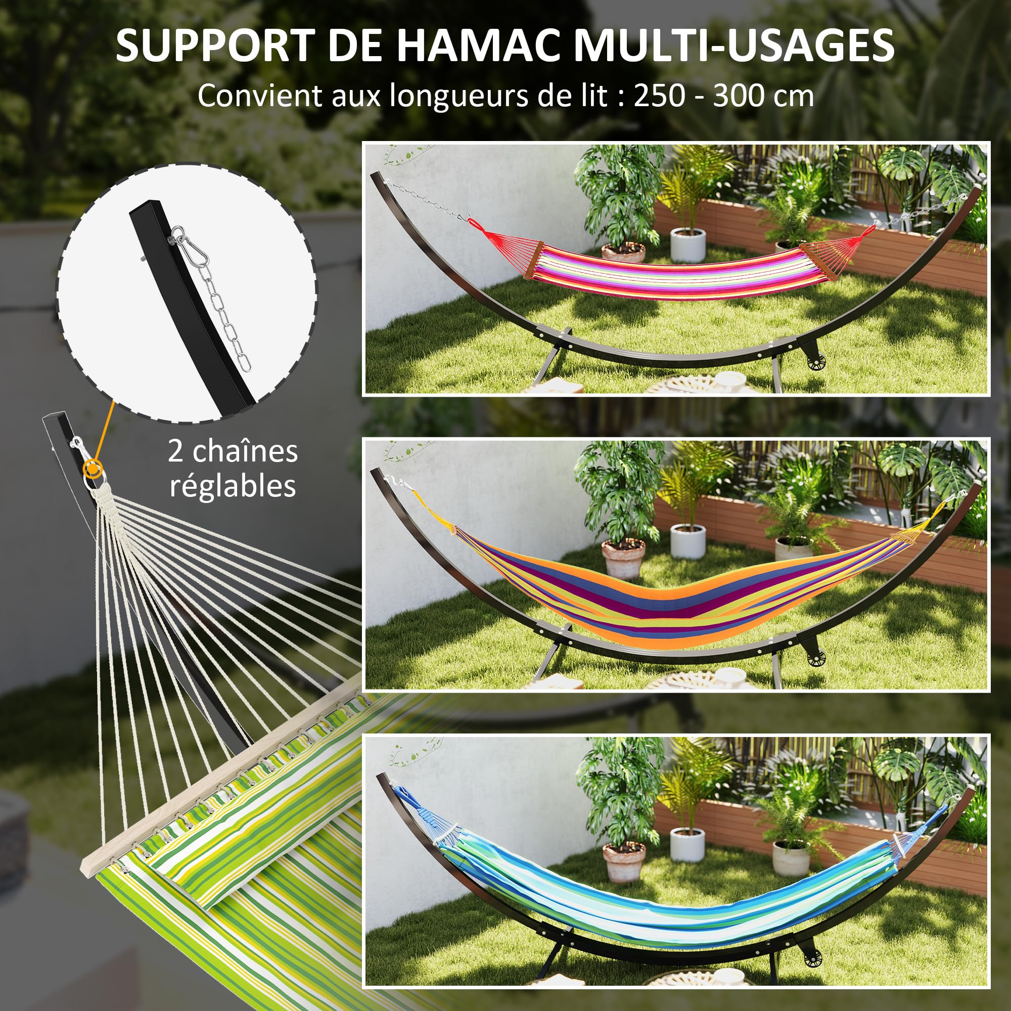 Outsunny Support de hamac en métal avec Roues, 150 kg, 337 x 118 x 118 cm Noir