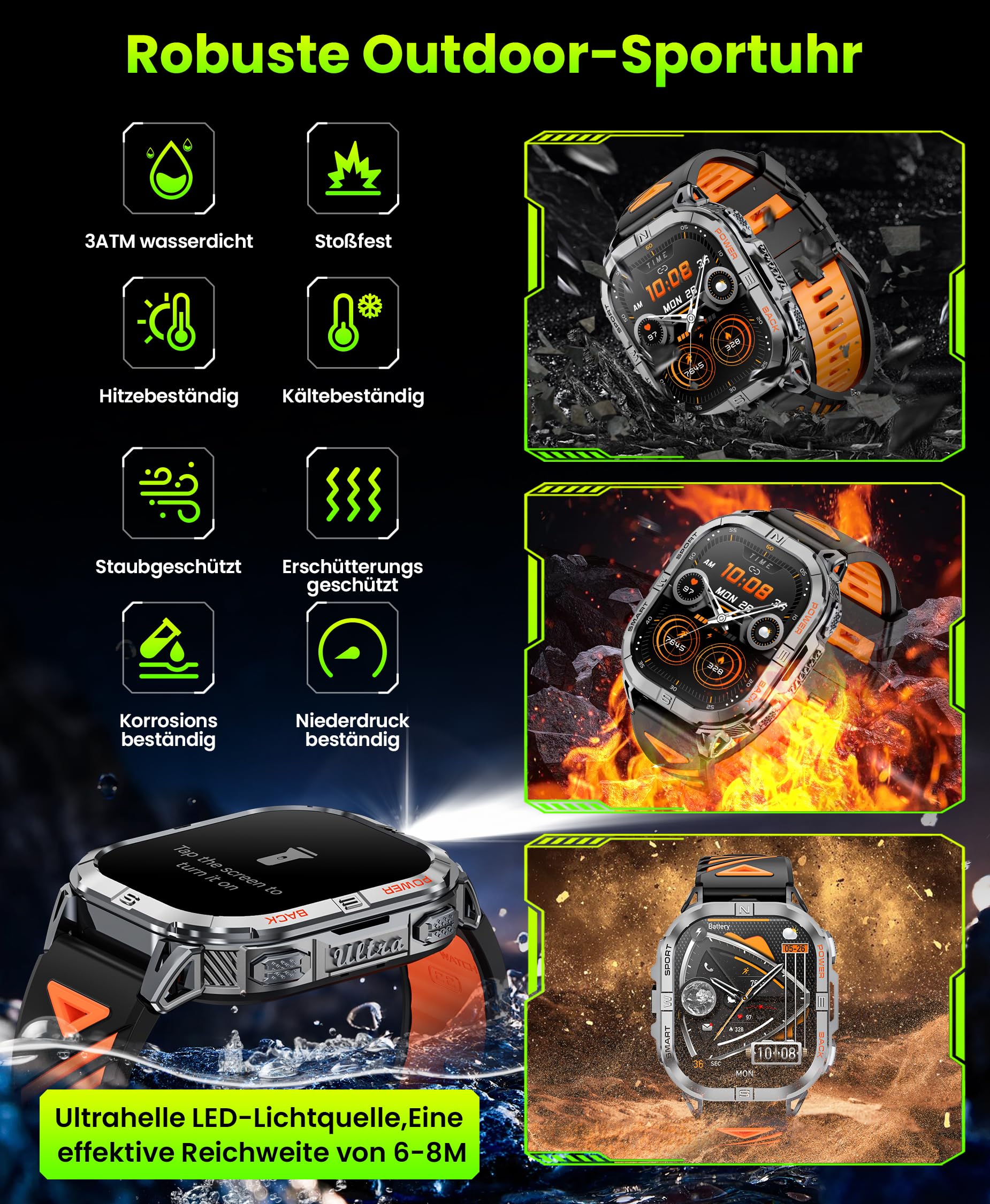 GPS Smartwatch Herren, 2,13" AMOLED Men's Military Smart Watch, LED Taschenlampe, Kompass, 100+ Sportmodi Fitnessuhr, 580mAh Batterie Sportuhr, Bluetooth Anrufen für iOS Android (Schwarz)