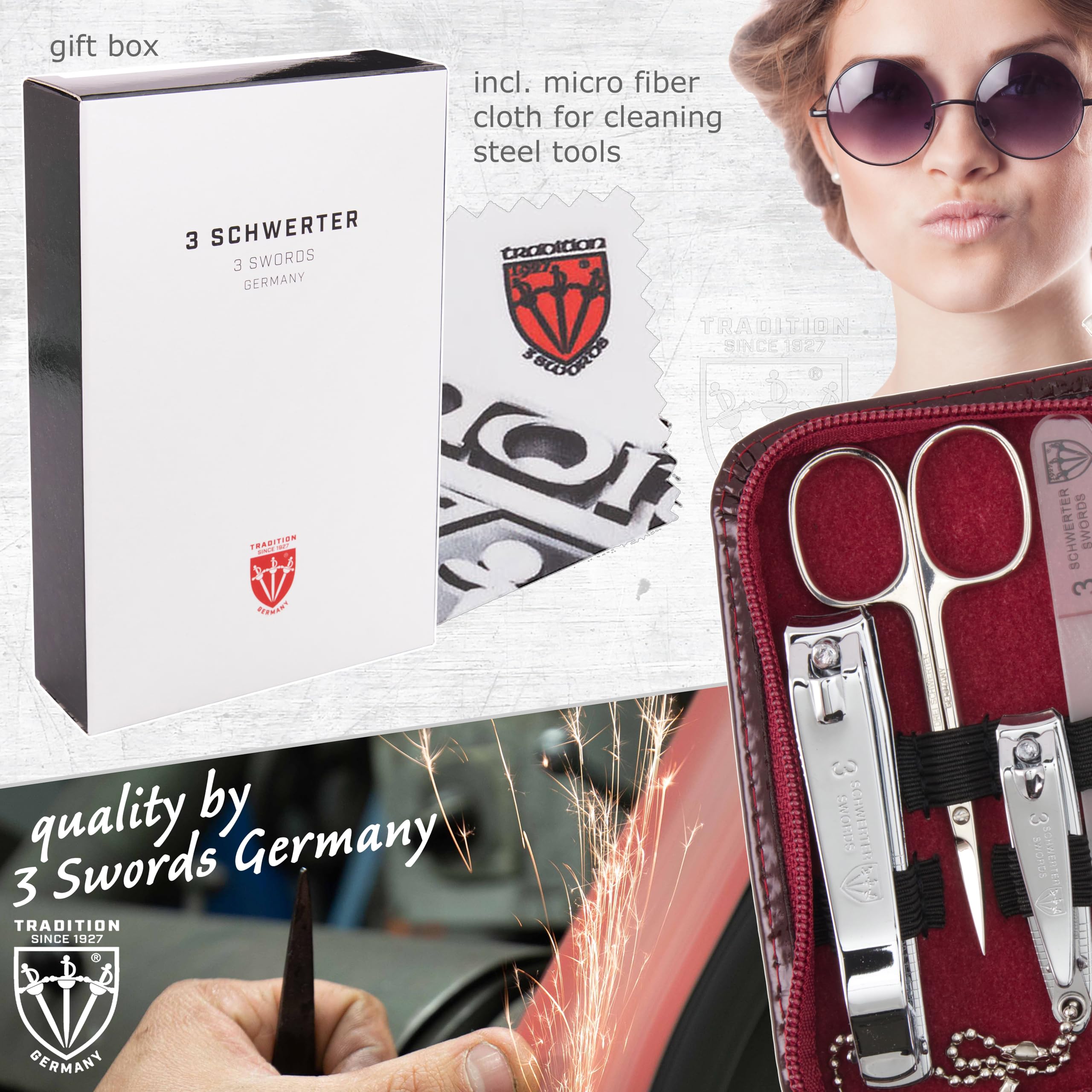 3 Swords Germany - Kit de manucure et pédicure de qualité supérieure - 8 pièces - Étui en cuir synthétique bordeaux brillant - Fabriqué en Allemagne