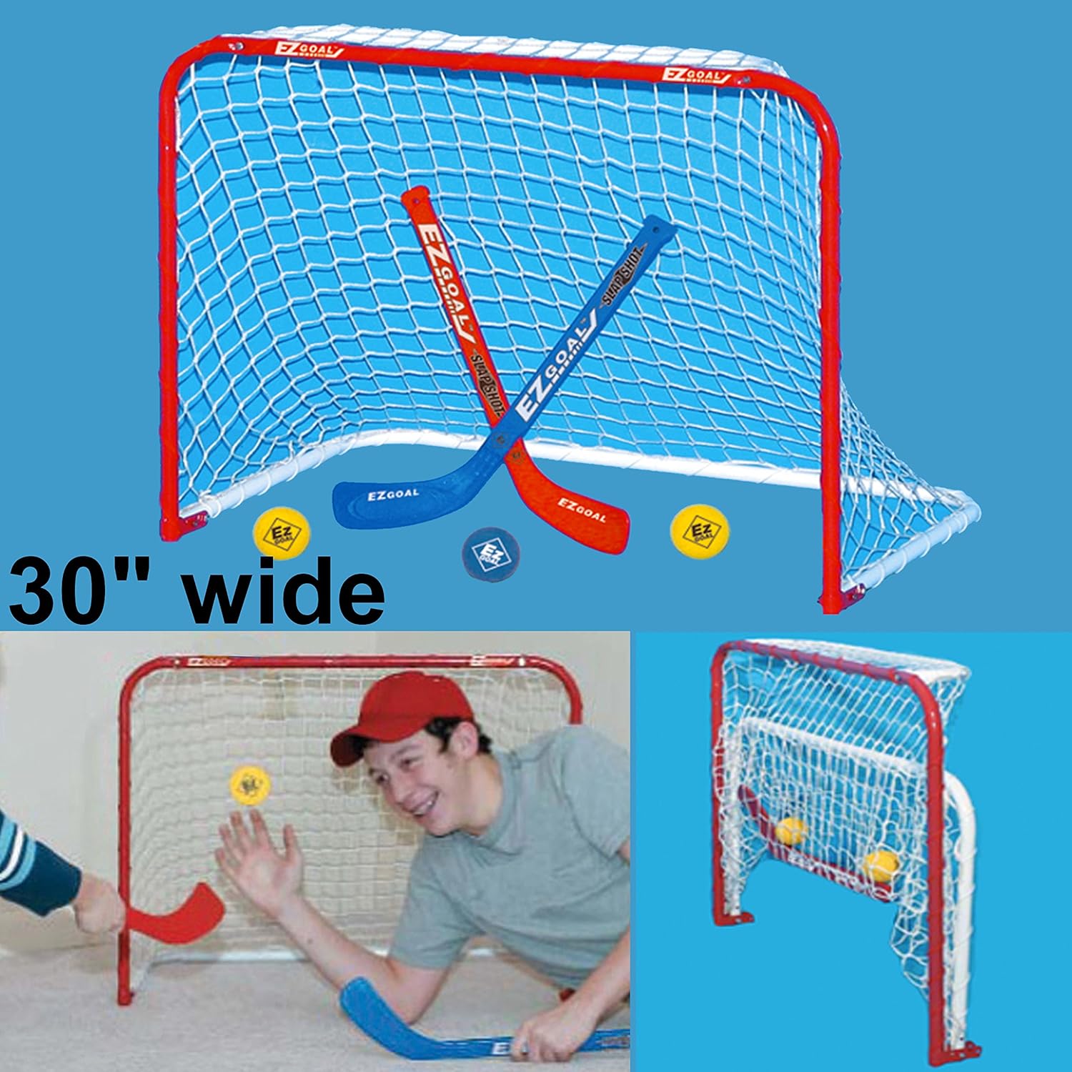 EZGoal Mini Folding Goal with 2 Sticks and 3 Balls, Red/White Hockey Nets