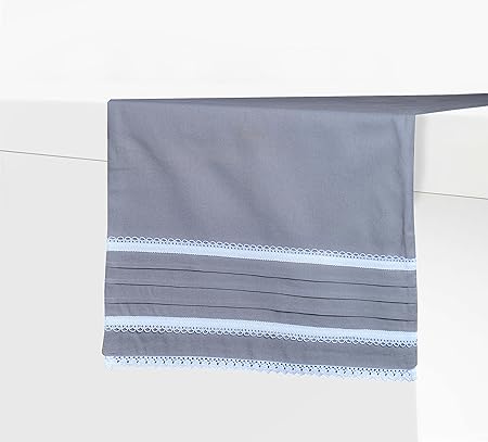 Haiku Homz Solid Grey Table Runner with White Crochet Lace On Both Short Sides||100% Cotton Woven||