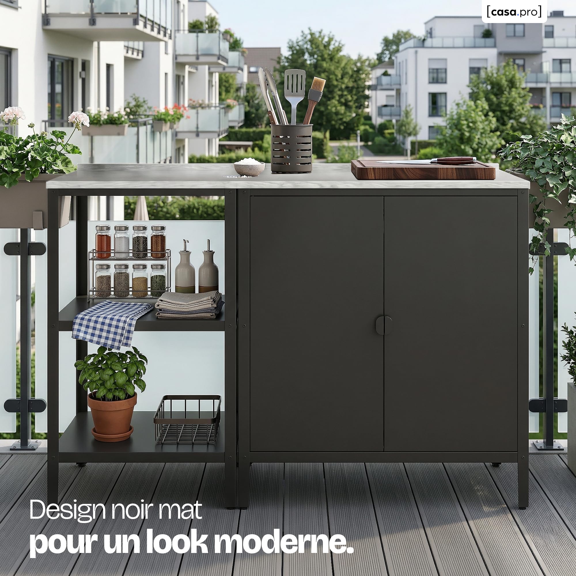 casa.pro Set de Meubles de Jardin Bolognano Étagère d'Extérieur et Armoire de Jardin Rangement pour Terrasse Balcon Garage Atelier Compartiments Ouverts et Fermés Acier Laqué Noir Mat et Argent