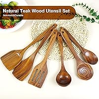 Vista 2 de FJNATINH Juego de 6 piezas de utensilios de cocina de madera de teca, cucharas de madera grandes para cocinar, mezclar, hornear, juego de utensilios