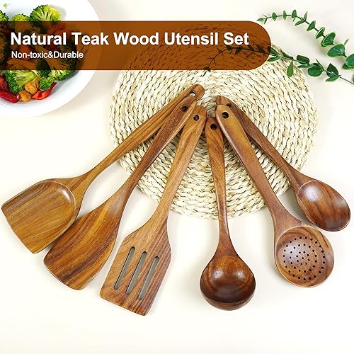 Miniatura 2 de FJNATINH Juego de 6 piezas de utensilios de cocina de madera de teca, cucharas de madera grandes para cocinar, mezclar, hornear, juego de utensilios
