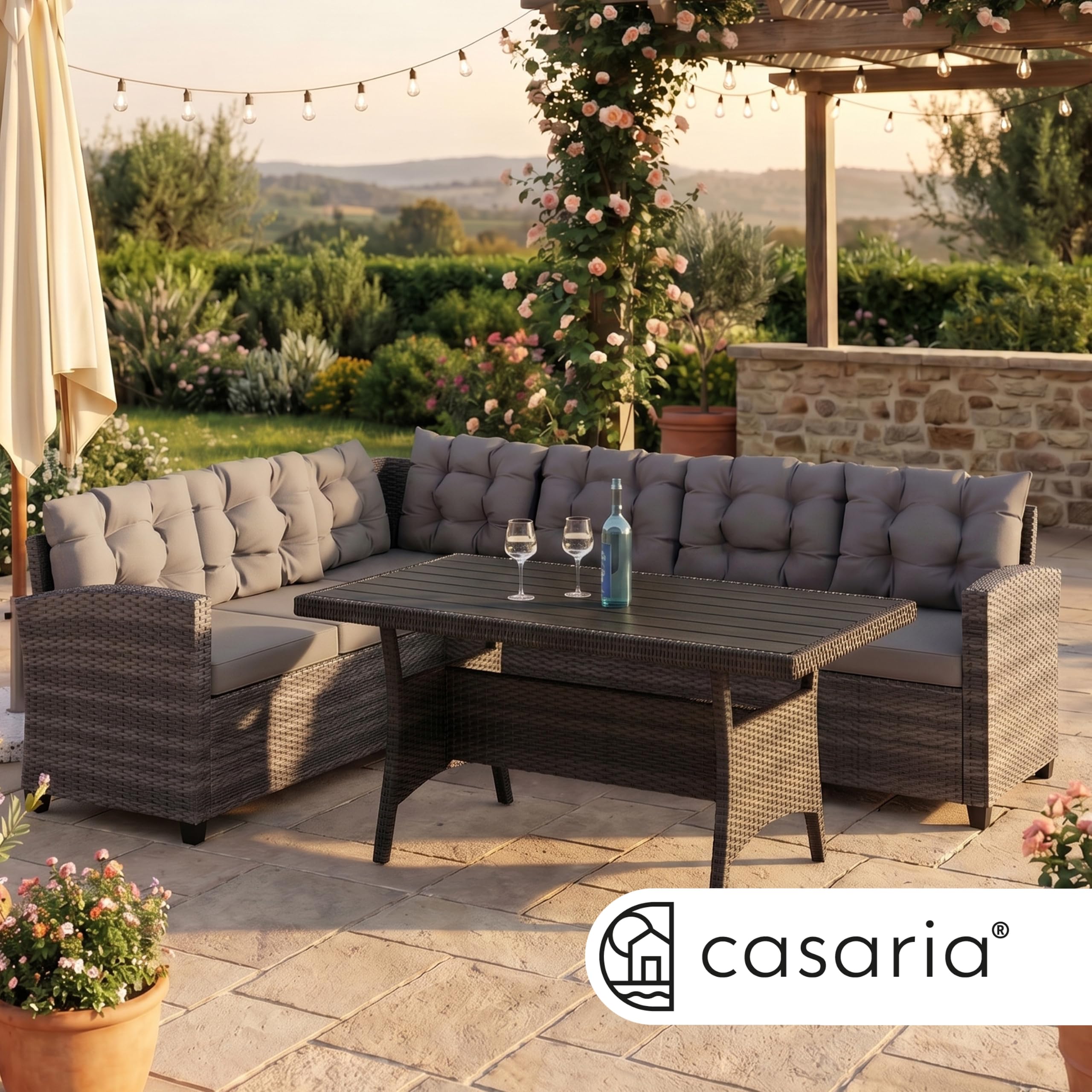 Casaria® Polyrattan Ecklounge Set WPC Esstisch Ecksofa inkl. 7 cm Sitzauflagen 15 cm Kissen Wetterfest Outdoor Lounge Garten Terrasse Balkon Möbel Grau