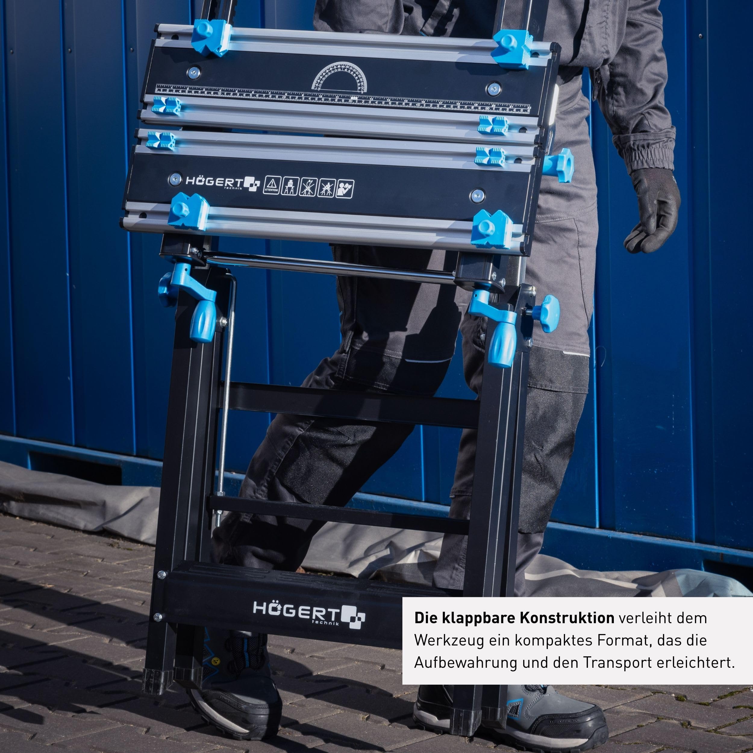 HÖGERT TECHNIK – Klappbarer, höhen- und neigungsverstellbarer Werkstatttisch 600x570x770–1070 mm mit Aluminiumplatte, Spannbacken, Winkelverstellung und Maßskala