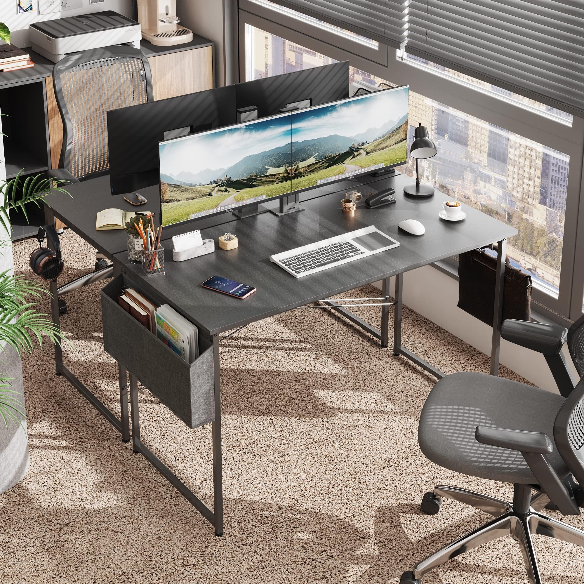 Schreibtisch, Computertisch mit Kopfhörer Halter und Aufbewahrungstasche, Stabil Arbeitstisch, Industrie-Design, PC Tisch, Kleiner Bürotisch Officetisch für Home, Office (Schwarz, 120 x 60 x 75 cm)