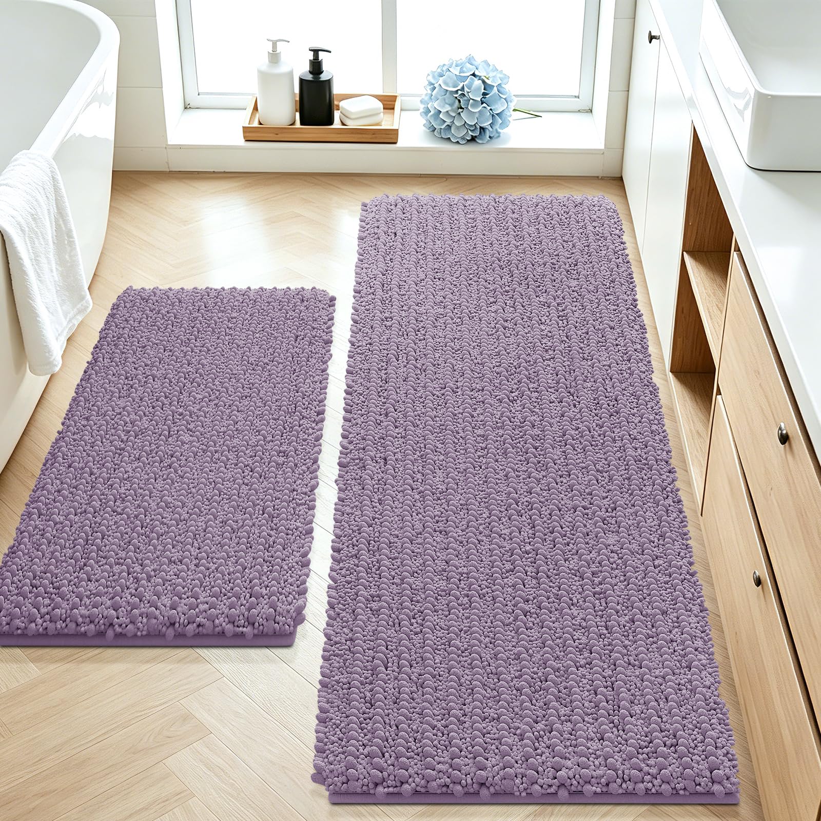ACCUMTEK Upgrade Luxury 2 Piece Lavender Toilet Bathroom Rug Mat 48"x20"+24"x17", Ultra Soft Thick Absorbent Bath Mats, Non Slip Chenille Toilet Mat for Bathroom, Bedroom, Kitchen, Shower, Tub
