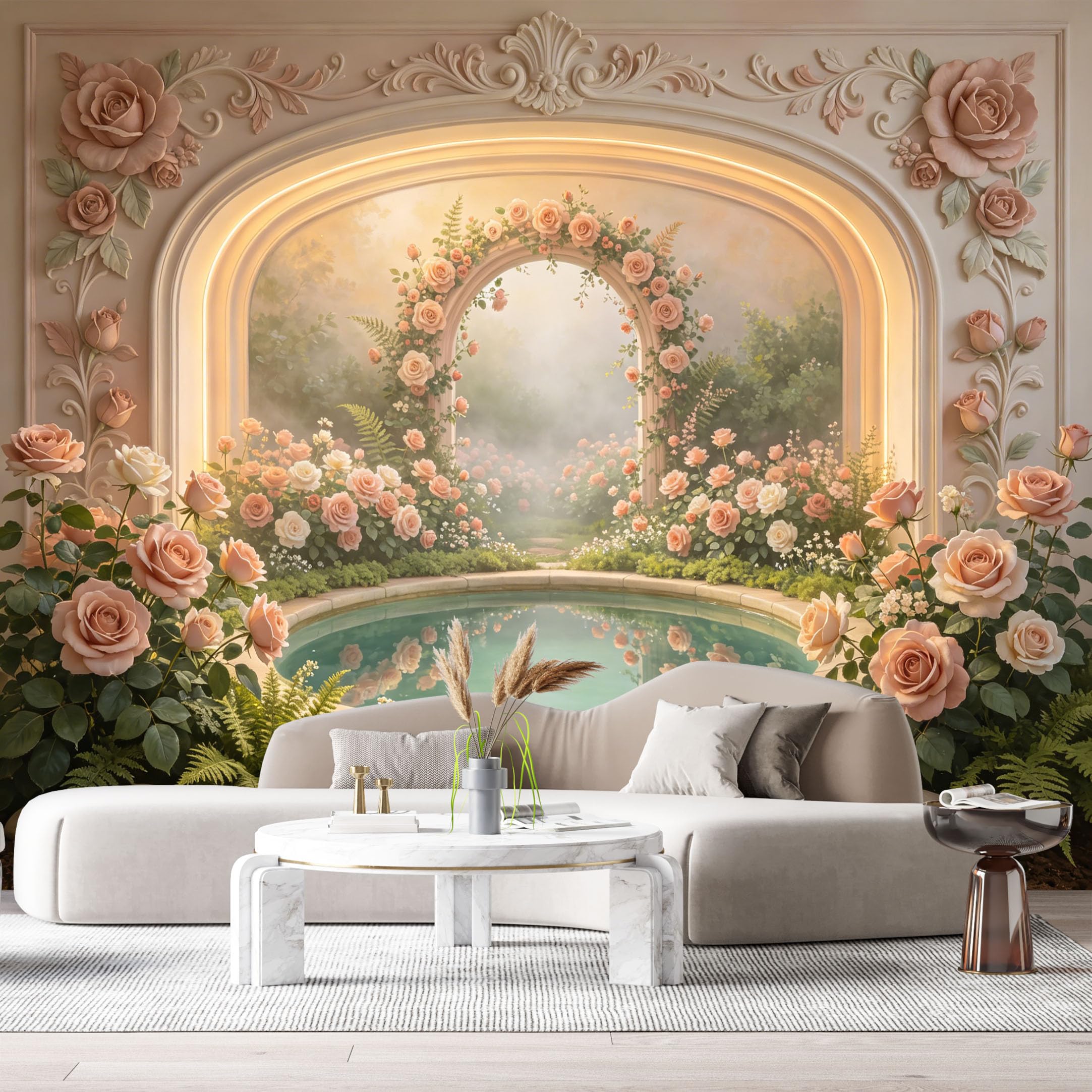 Custom Size Wall Mural Pink Rose Garden Pond Archway 3D Trompe L'Oeil SelfAdhesiveWall Fabric Removable Wallpaper Wall Decor for Living Room Bedroom Bathroom
