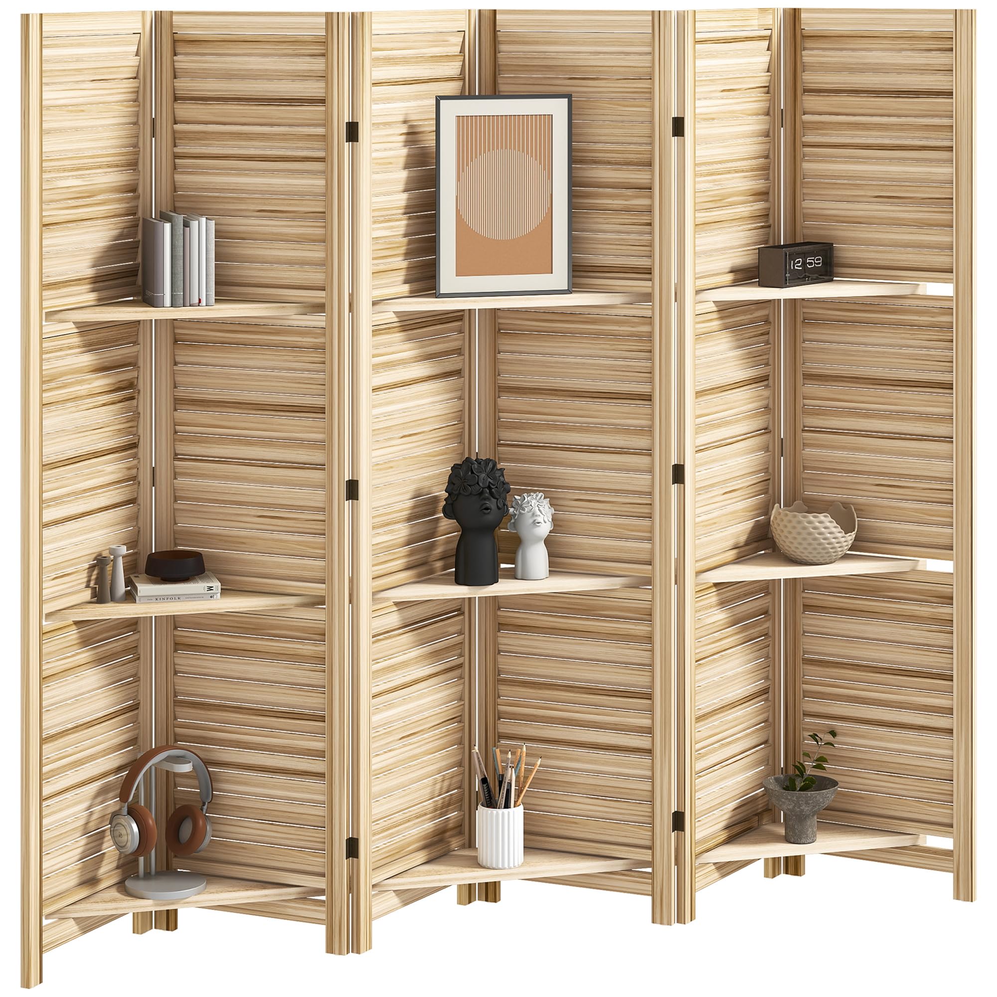 HOMCOM Room Divider, 6 Panel 67" Tall Wood Privacy Screen with 3 Display Shelves, and Folding Storage for Bedroom or Home Office, Natural Wood
